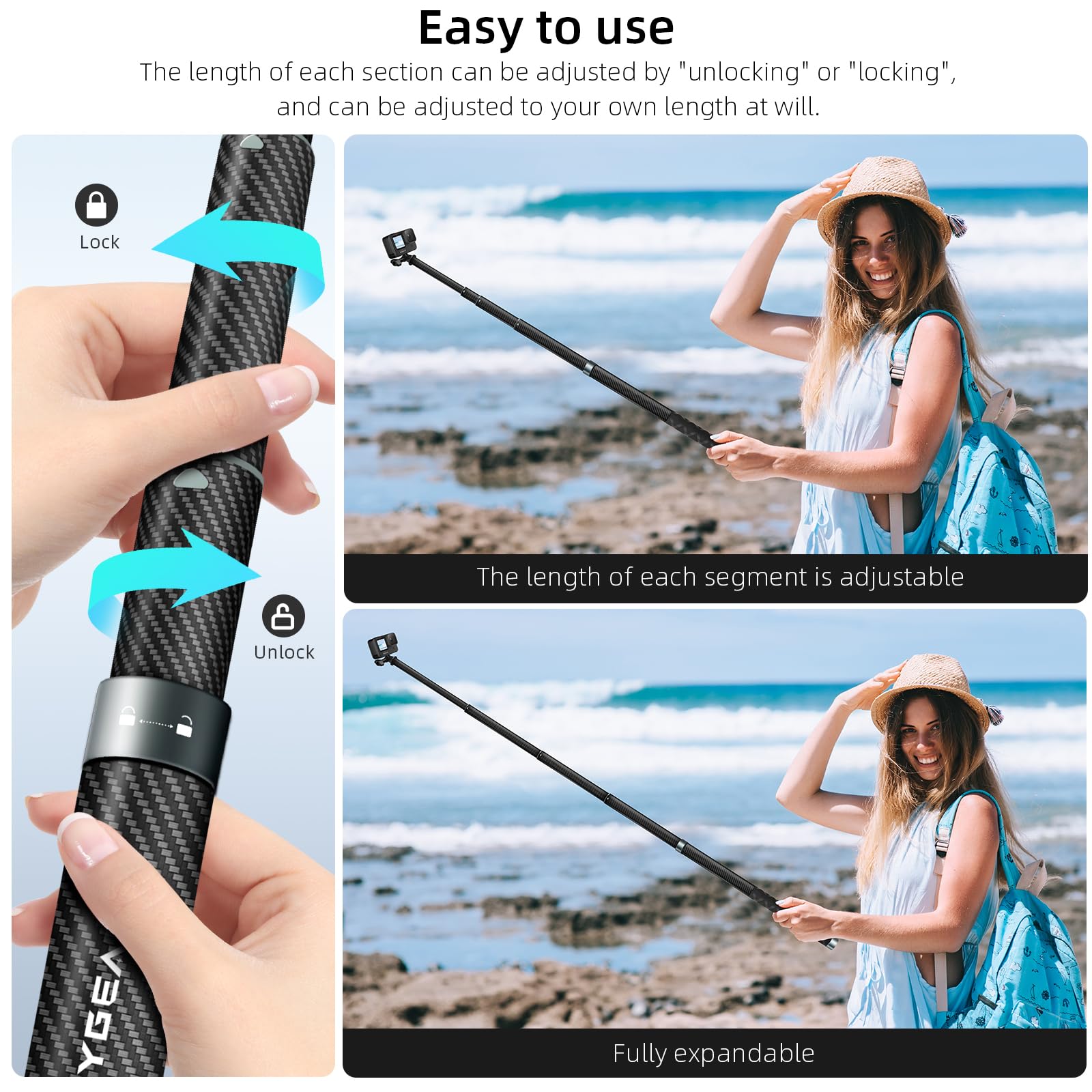 Reygeak 59 Inch Selfie Stick Long Invisible Pole For Gopro 13 Carbon Fiber Waterproof Extension Monopod For Gopro Hero 13/12/11/10/9 Osmo Pocket 3/ Action 5 Pro/4/3 Accessories.