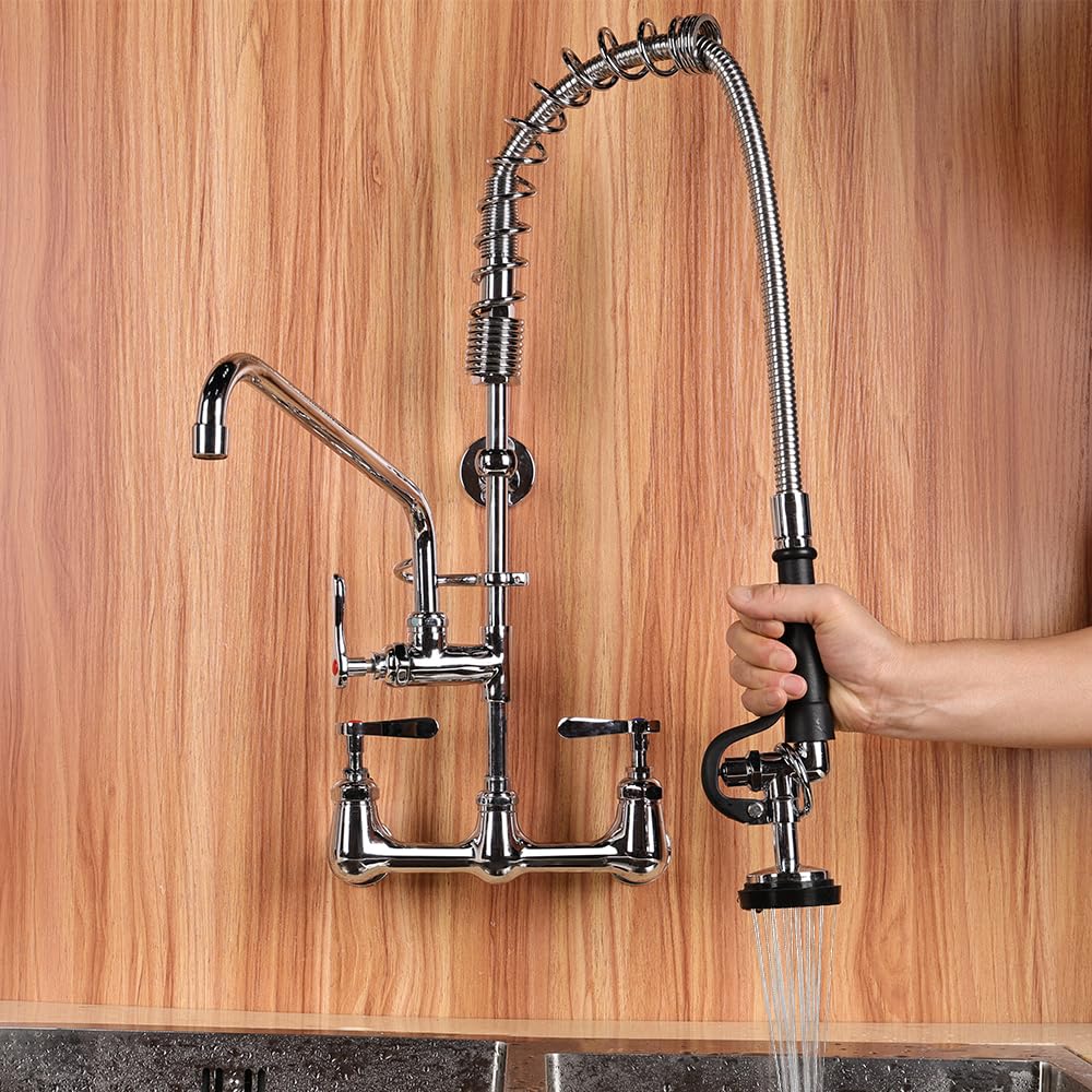 Tceumik Commercial Kitchen Faucet With Sprayer Wall Mount 25'' Height 8 Inch Adjustable Center Industrial & Restaurant Sink Faucet With 12" Swivel Spout Pre-Rinse Faucet For 1 2 3 Compartment Sink