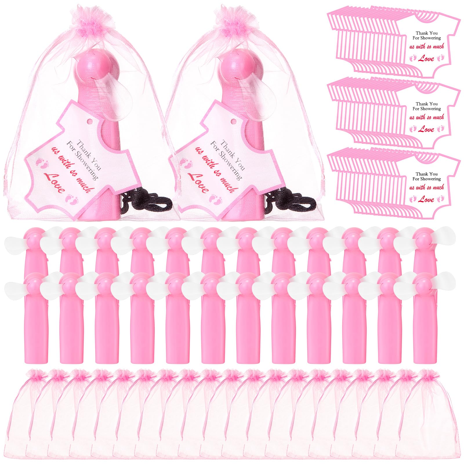 36 set mini handheld baby shower fans with pink design, gift bags, and thank you cards Koospark