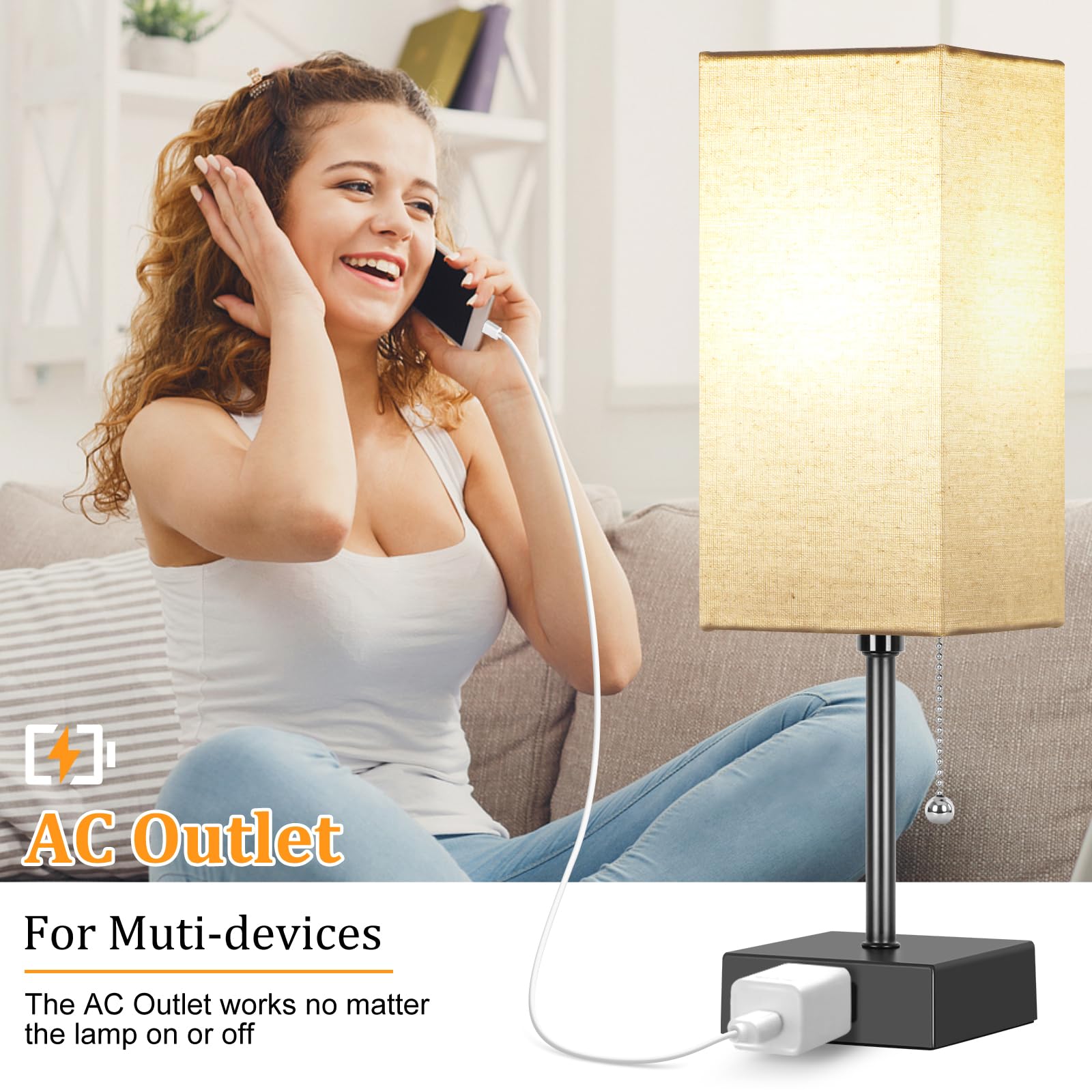 Dott Arts 15'' Table Lamp For Bedroom Set Of 2,3-Color Bedside Lamps With Pull Chain Table Lamps For Night Stands With Ac Outlet,Small Night Light Lamps With 2 Bulbs Lamps For Living Room Kids Room Office Decor