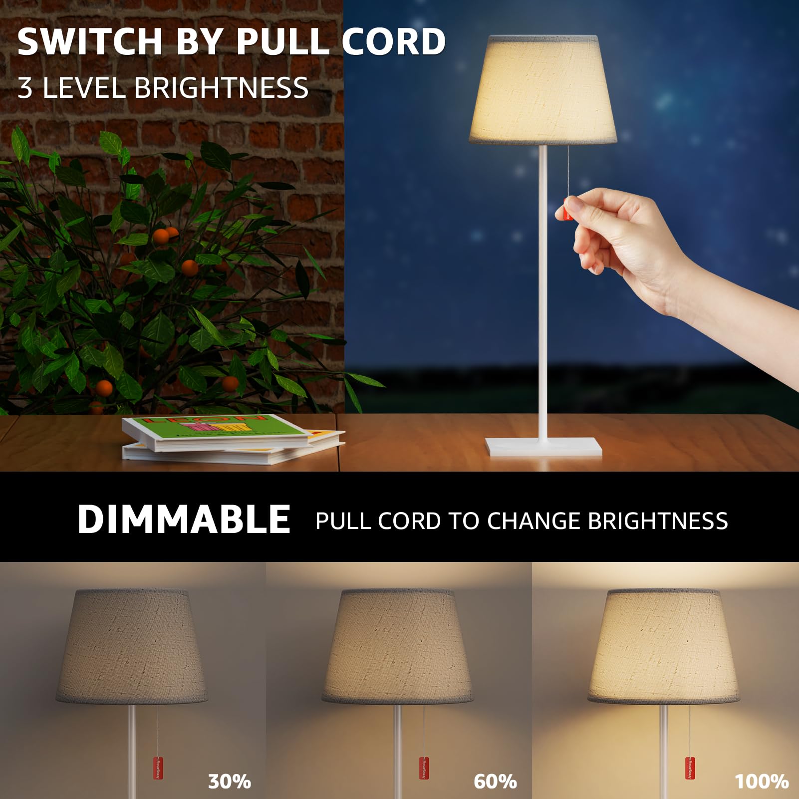 Uuffoo Cordless Lamp With 3-Level Brightness, Led Table Lamp With Built-In Rechargeable Battery, Rechargeable Lamp With Pull Cord, Waterproof For Patio, Ambient For Dining Table, White