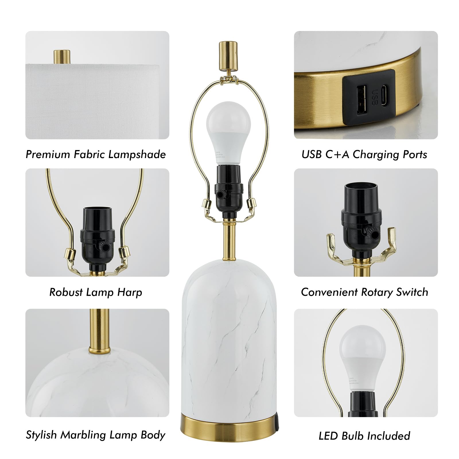 Ltgsrc Table Lamp, 20" Modern Faux Marble Style Lamp For Living Room Bedroom Office, Bedside Night Stand With White Gold Base Linen Shade, Usb C+A Charging Ports, Led Bulb Included