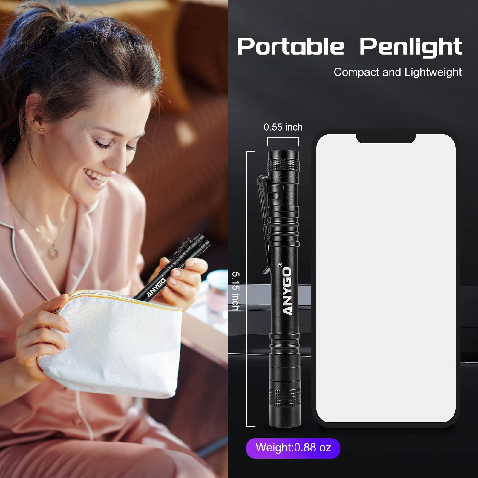 Anygo 395 Nm Pen Black Light, Mini Uv Flashlight With Clip, Small Blacklight Flashlights Pet Urine Detector Light, Uv Light Pen For Resin, Id Checking, Dry Stain And Dye Detector,Batteries Include（2-Pack）