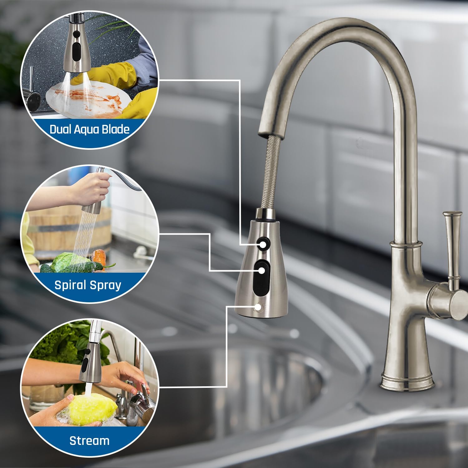 Ecokitchen5Starsllc Kitchen Faucet Head Replacement – Pull-Down/Pull-Out Sprayer For Moen, Delta & American Standard  3-Mode Sink Faucet Spray Head With 9 Adapters, Brushed Nickel, Kitchen Sink Sprayer Replacement