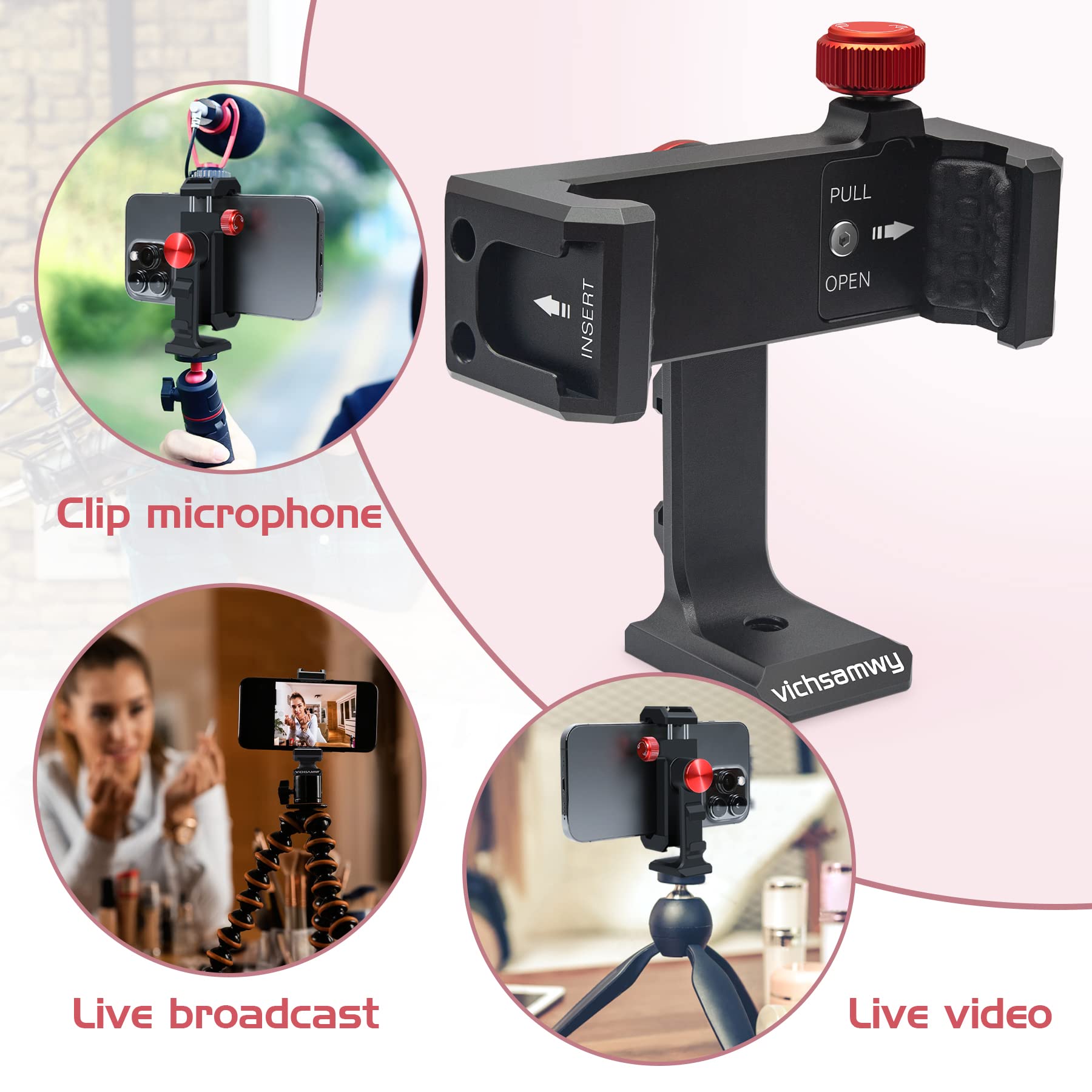 Vichsamwy Metal Phone Tripod Mount With 3 Cold Shoes & 1/4" Arca Port, 360° Rotation Cell Phone Tripod Adapter For Iphone,Samsung & All Android Smartphones, Phone Stand Holder For Photography & Video Recording