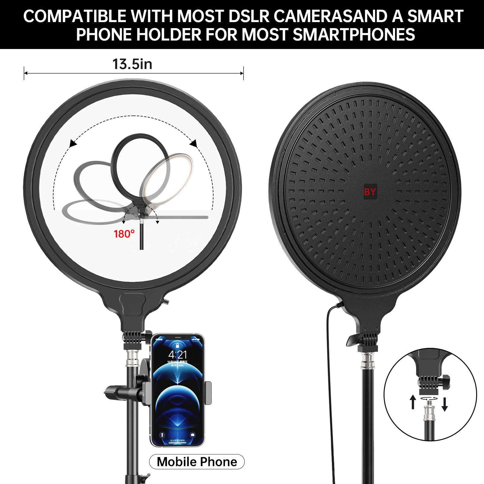 Gbyond 13.5 Inch Full Screen Ring Light With 55 Inch Adjustable Tripod Stand, Led Selfie Ring Light For Video Recording, Facial Makeup, Live Streaming, Compatible With Phones, Cameras Webcams