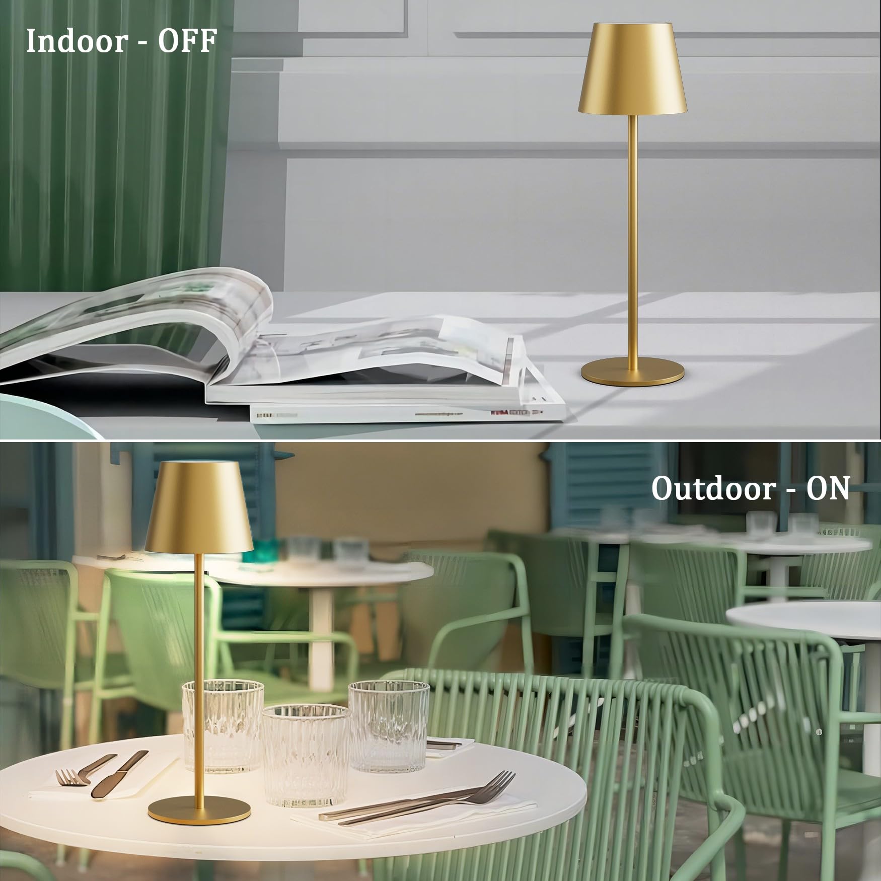 Irotine 1-Pack Gold Led Cordless Table Lamp, Rechargeable Battery Desk Lamp 3W 5000Mah Battery Operated, Ip54 Waterproof|3000K Warm Light|Stepless Dimming Outdoor Table Lamp For Restaurant/Dinner