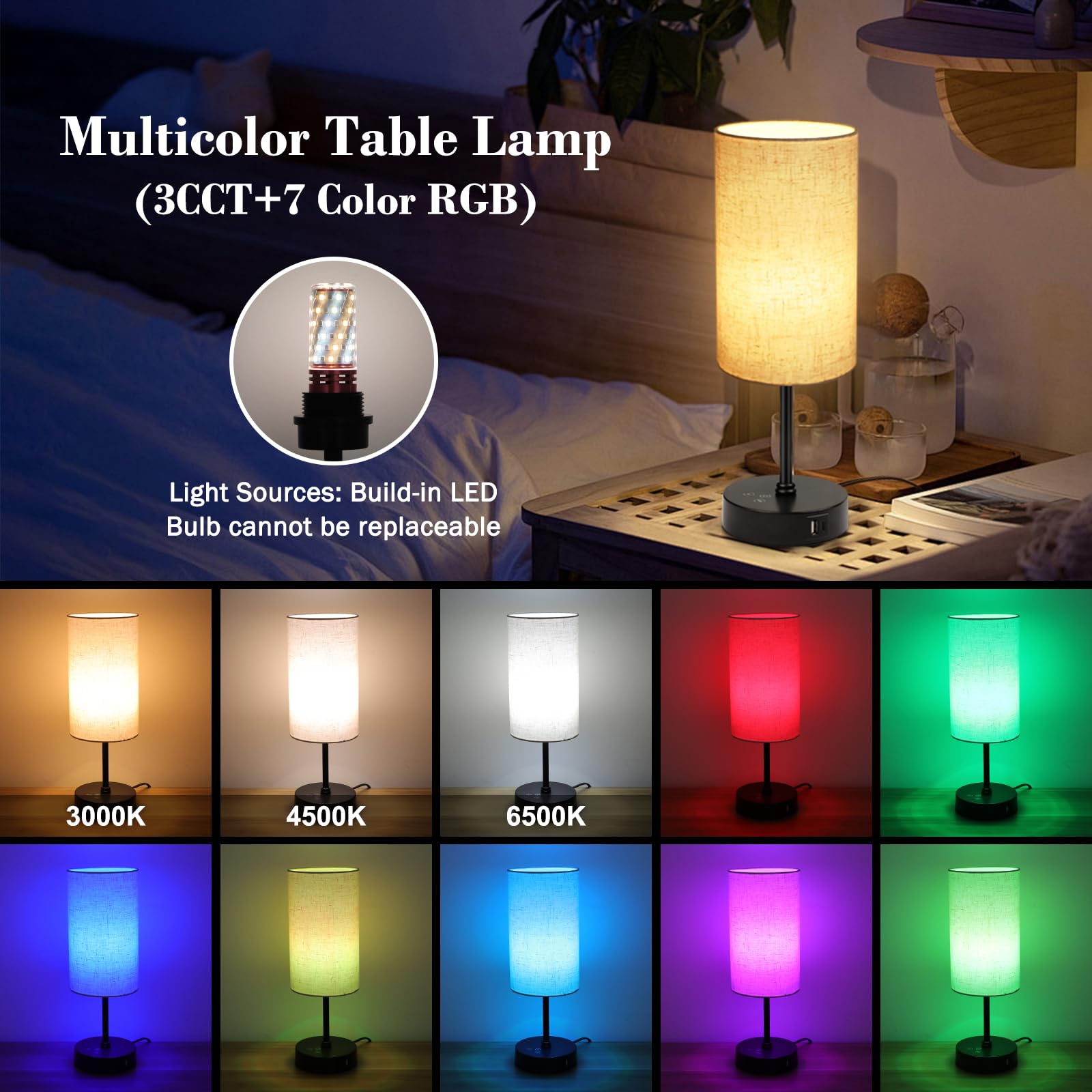 Ascher Rgb Table Lamp Color Changing - 3 Color Temperatures And Stepless Dimmable Small Bedside Lamp For Bedroom, Touch Control Nightstand Light With Flaxen Shade For Reading Home Decor Lights