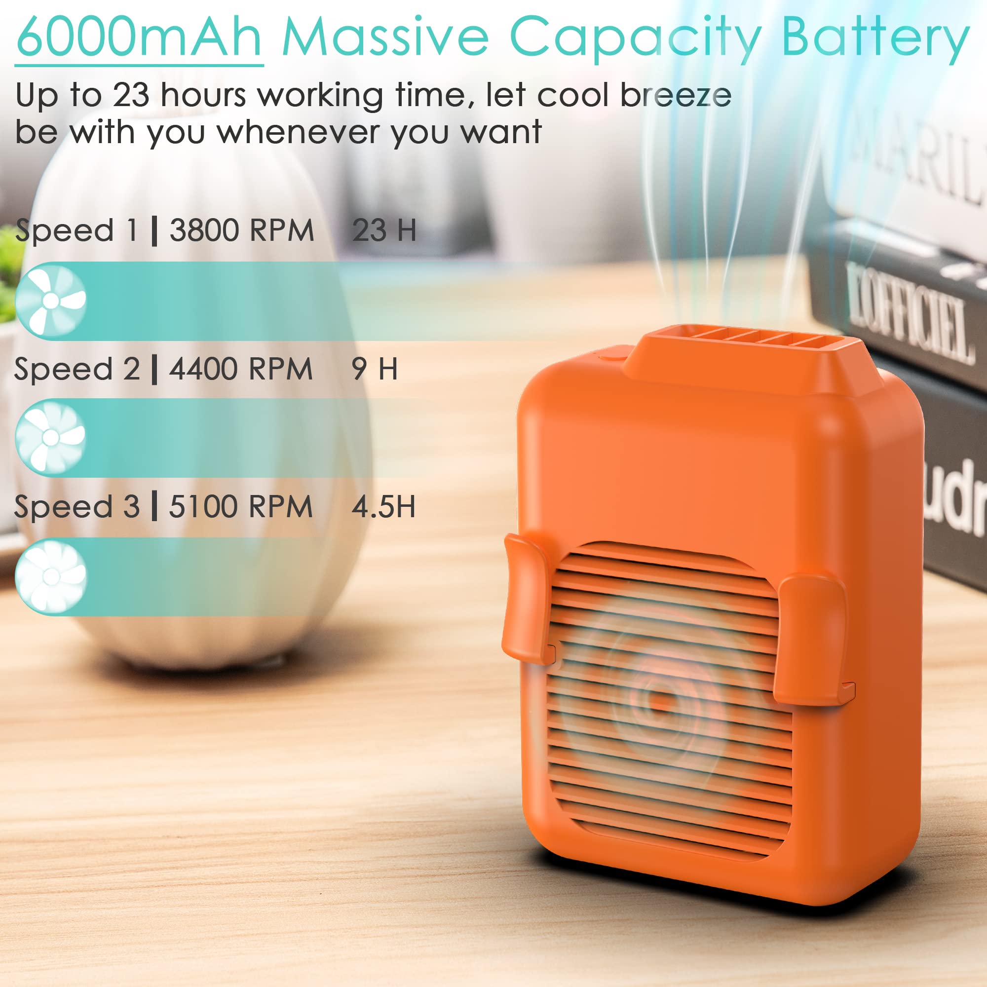 Comlife Portable Mini Waist Fan, 6000Mah Battery Powered Hands-Free Wearable Fan With Max 23H