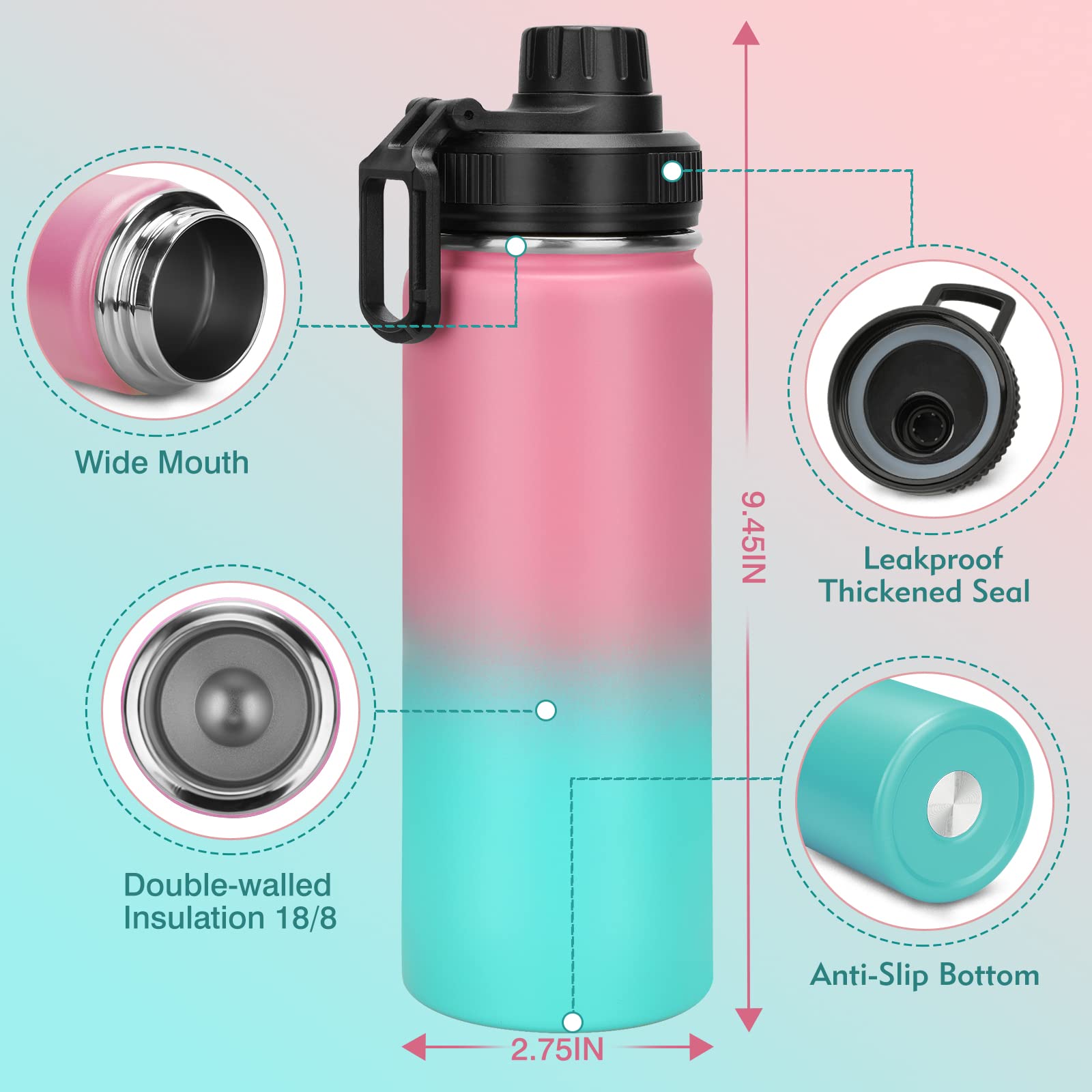 18 Oz Stainless Steel Water Bottle With Spout Lid, Vacuum Insulated Double Wall Water Bottle Wide