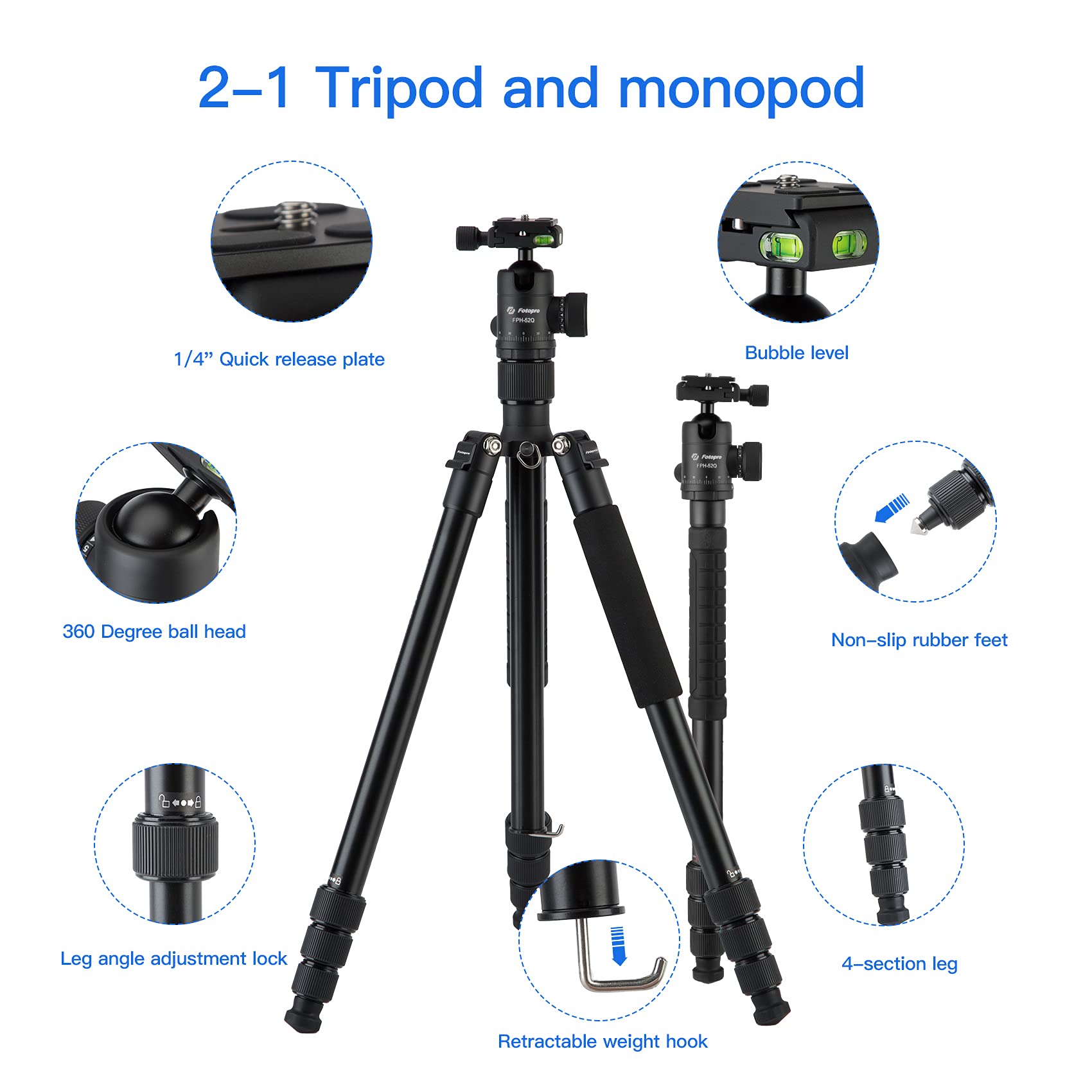 Zsftb Professional Ball Head Tripod For Camera, 58 Inch Aluminum Tripod With 14 Inch Quick Release Plate, Monopod For Travel, Max Load 33Lbs15Kg (E-5I)