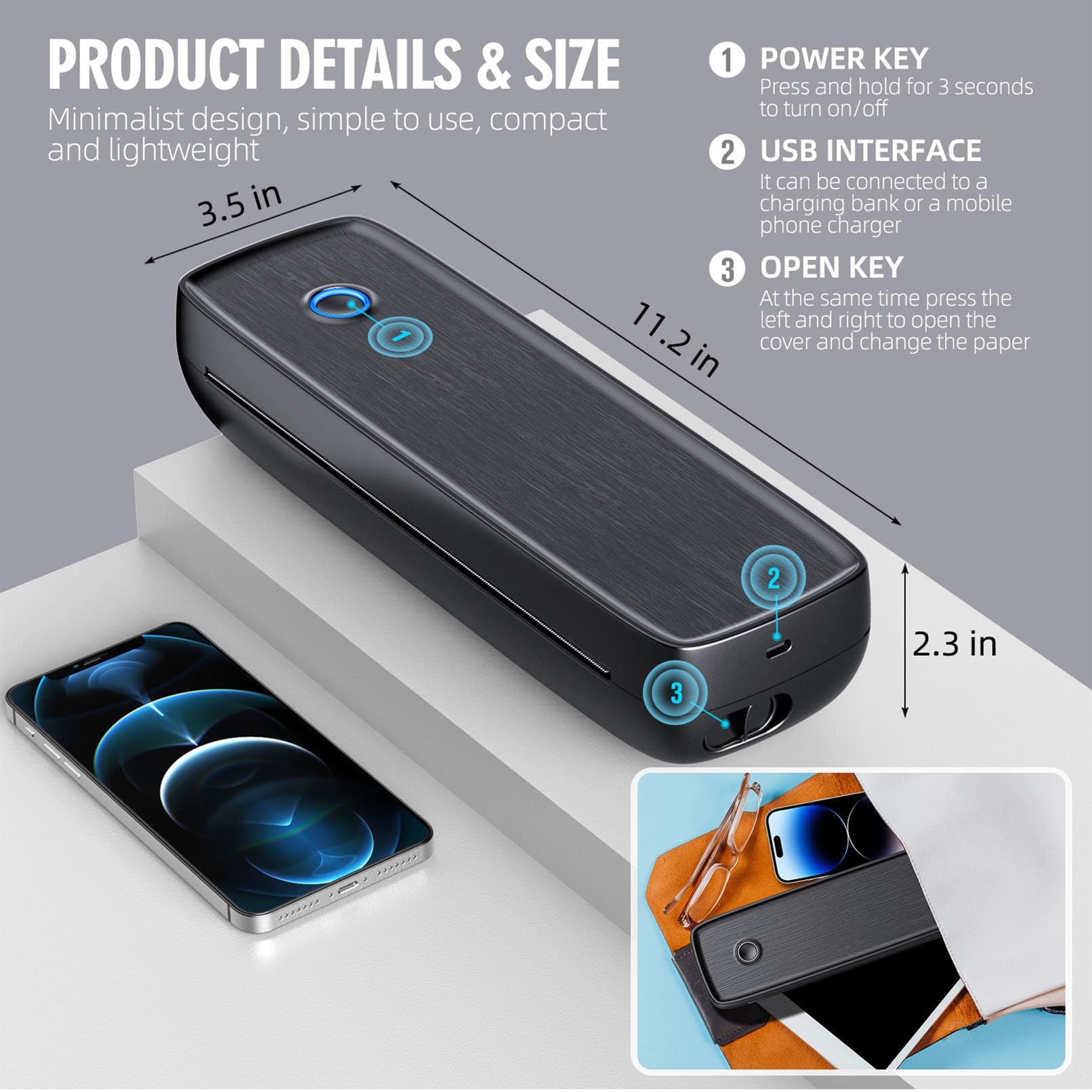 Aixiqee Portable Printer Wireless for Travel，Bluetooth Thermal Support 8.5inches X 11inches US Letter &Legal, A4&A5 Thermal Paper, Inkless Compatible with iOS, Android & Laptop for Office Car Home