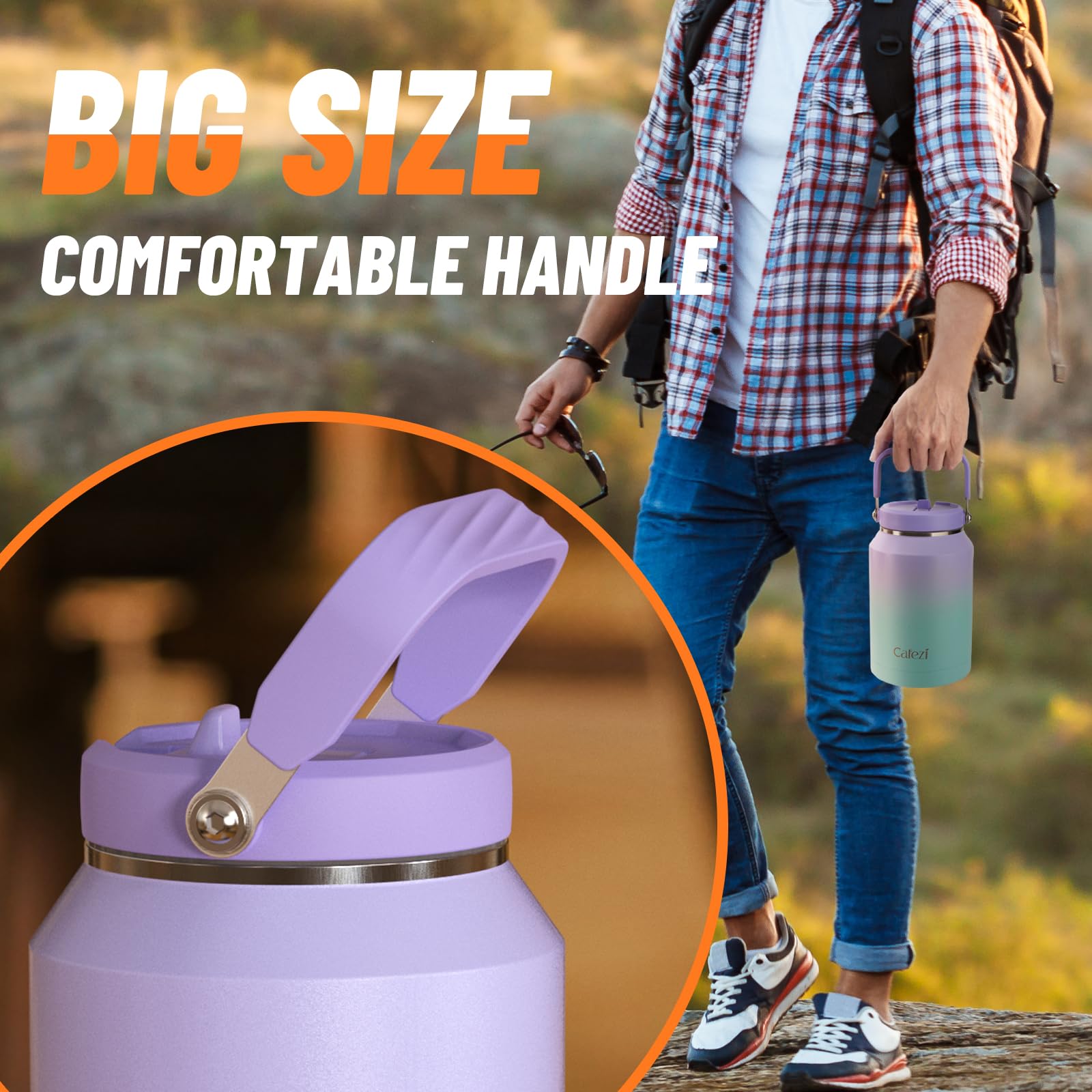 Water Bottle 64 Oz, Stainless Steel Water Bottles With Flip Straw And Top Handle, Leak Proof Flip
