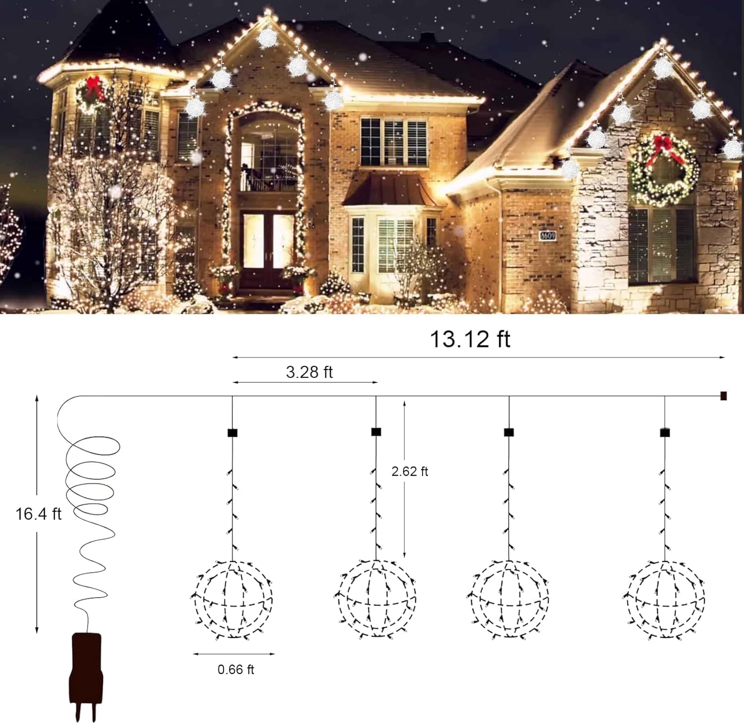 Baung Christmas String Lights Outdoors,4 Pack 7.95" Sphere Lights,Ball Tree Garden Globe Lights For Home, Party, Christmas, Porch Patio,Wedding, Garden,Tree Decoration With Plug