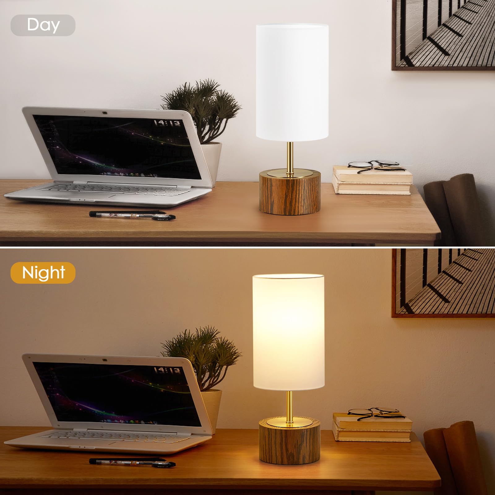 Ejiaxin Bedside Lamps Set Of 2-14" Small Touch Lamps For Nightstand With Ac Adapter Vintage Modern Table Lamp With Round Fabric Shade For End Tables Living Room Dorm Desk Home Office