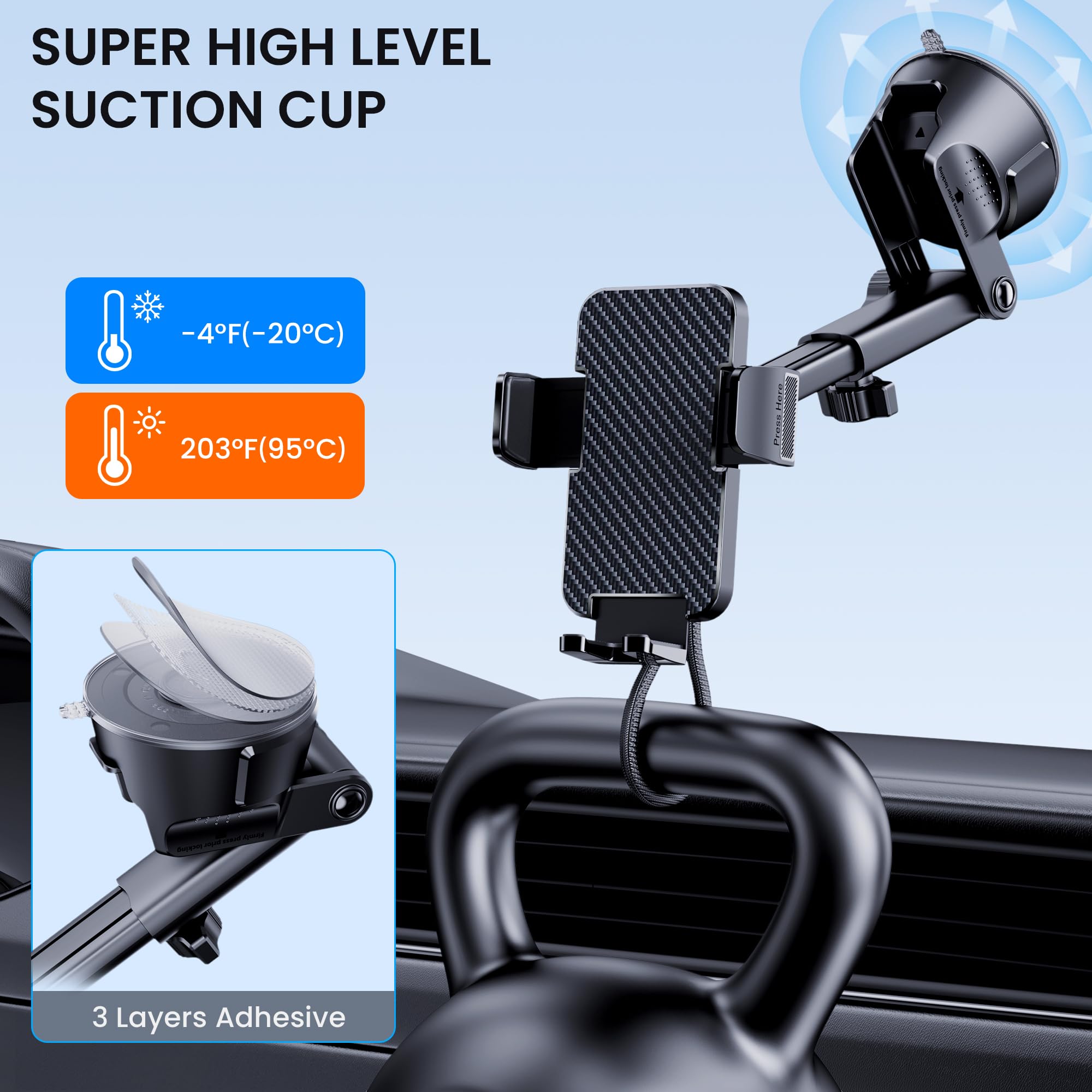 Guwez Phone Holder Car [Military Grade Suction Ultra Strong Base] Cell Phone Car Holder 3 In 1 Dashboard Windshield Air Vent Hands- For Iphone Android Phones
