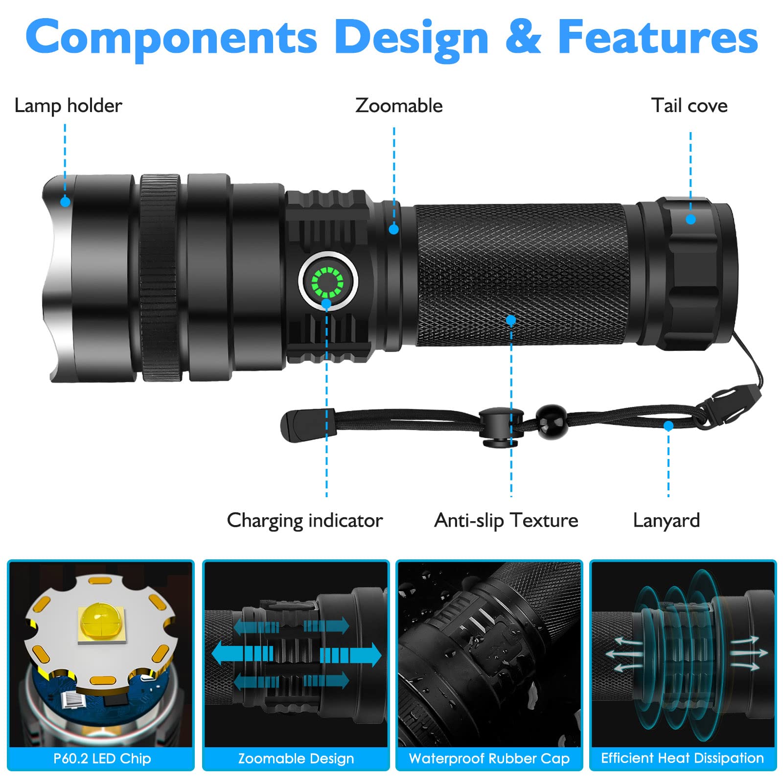 Bengmxj Rechargeable Flashlight High Lumens, 900000 Lumens Tactical Flashlights, Super Bright Led Flashlight With Zoomable, 5 Modes, Waterproof Flashlights For Camping, Hiking, Emergencies, Home