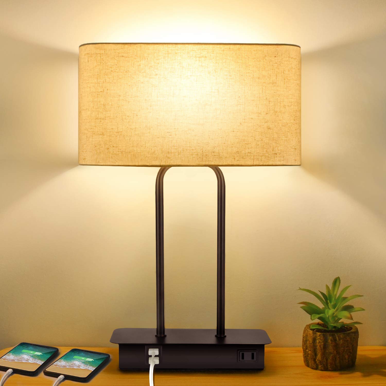 Beslowe 3-Way Dimmable Touch Control Table Lamp With 2 Usb Ports And Ac Power Outlet Modern Bedside Nightstand Lamp Fabric Shade And Metal Base For Guestroom Bedroom Living Room Led Bulb Included Warm White