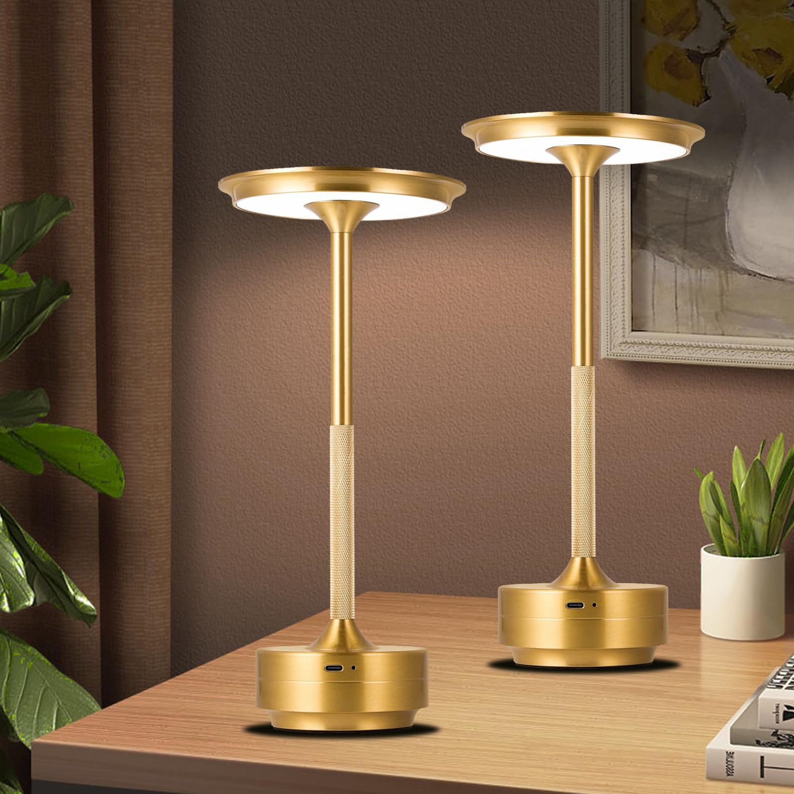 Jdvads Cordless Table Lamps 2 Pack Rechargeable, Portable 5000Mah Battery Table Light,3 Color Stepless Dimming Led Table Light, For Outdoor/Dinner/Patio/Restaurant（Gold）
