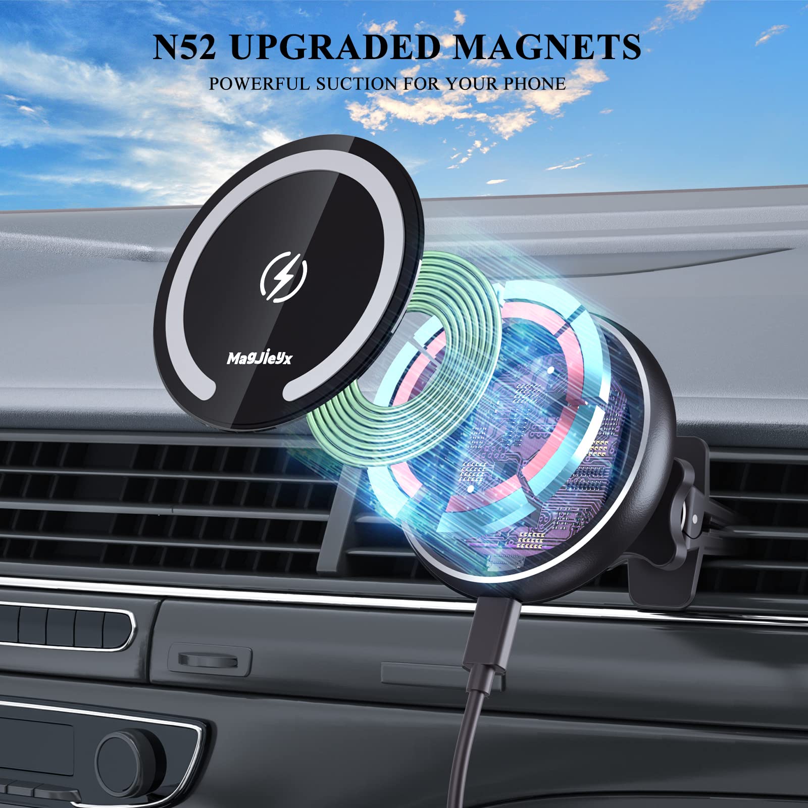 Magjieyx Fits Magsafe Car Mount Wireless Charger, Gooseneck Long Arm Suction Cup,Dashboard/Vent/Windshield For Iphone 16/15/14/13/12 Series/Magsafe Case/With Fast Charging[18W Qc 3.0Adapter]
