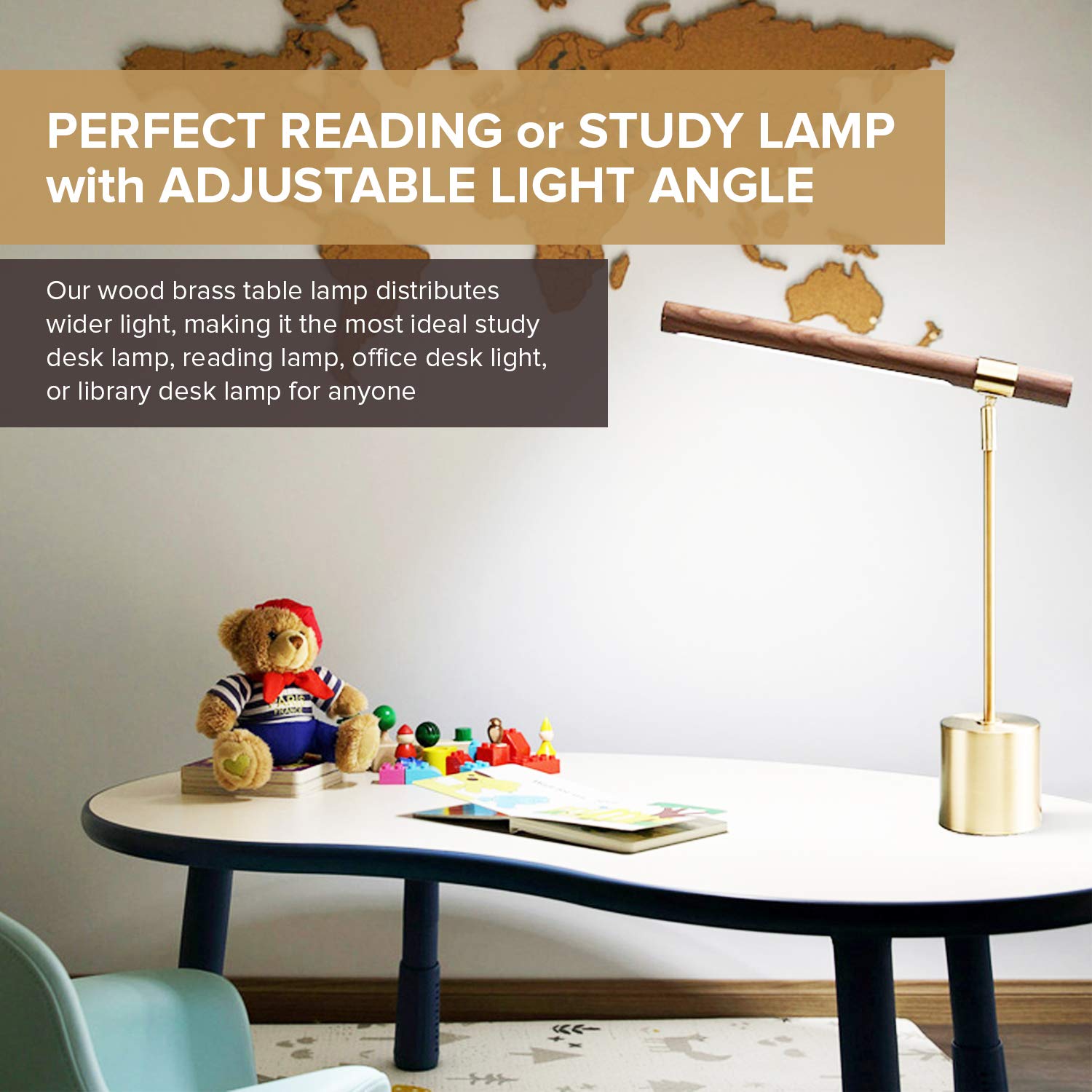 12Vmonster Modern Banker Slim Table Lamp - Led Desk Light - Wood Brass Lamp - Adjustable Table Lamp - Mid Century Desk Lamp For Home, Bedside, Office - Steampunk Mcm Mid Modern Century