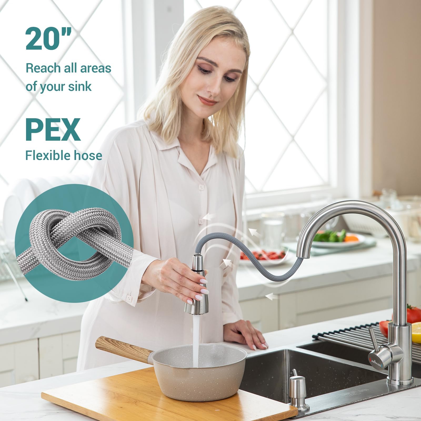 Appaso Stainless Steel Kitchen Faucet With Soap Dispenser, Pull Down Sprayer 3 Modes, Brushed Nickel High Arc Single Handle Gooseneck Faucets For 1 To 4 Holes Sink, Farmhouse, Rv, Bar, Laundry
