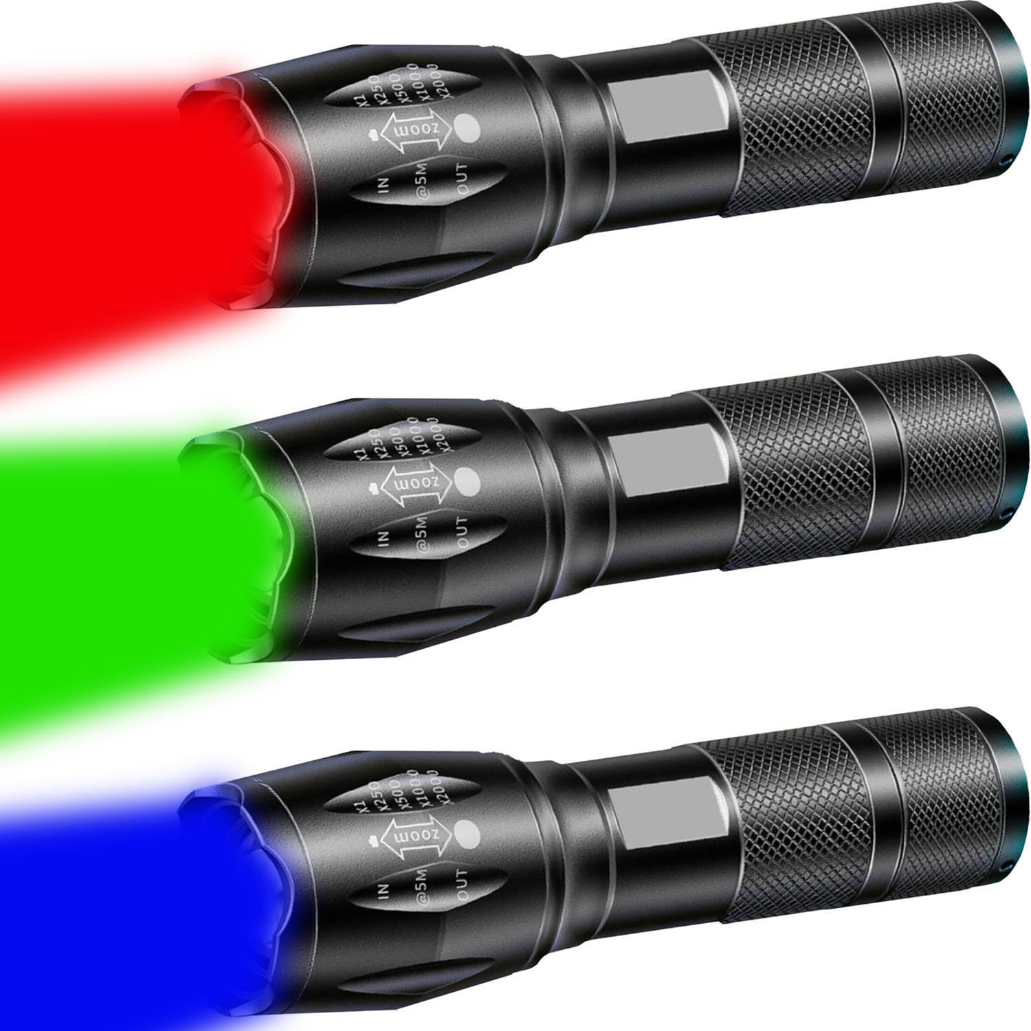 Mviocs Led Flashlights 3 Pack, High Lumens Waterproof Red Light Flashlight, Green Light Flashlight, Blue Light Flashlight & White Light Combo Torch For Night Observation, Camping, Outdoor Home