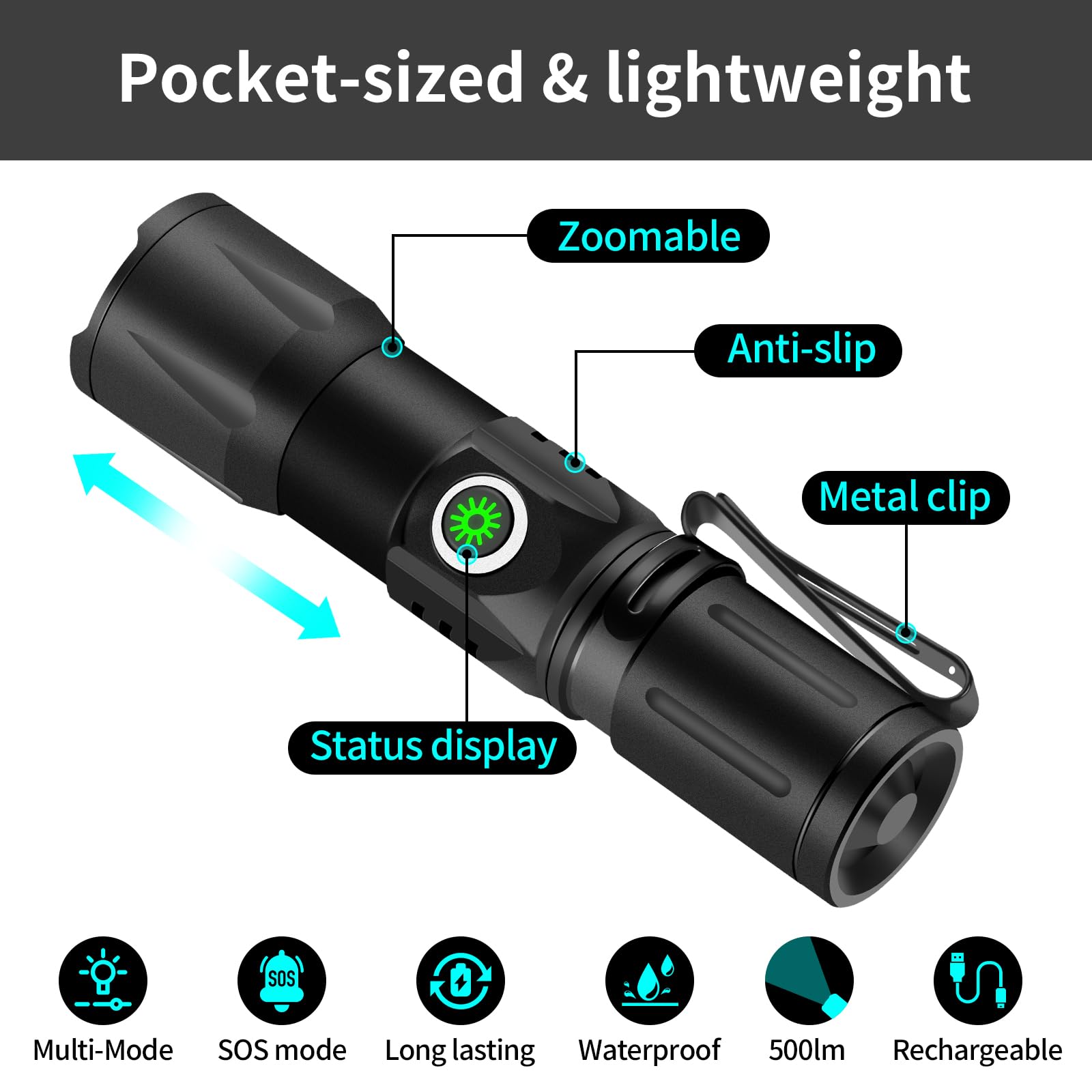 Nwdey Super Bright Lightweight Flashlight With Clip : Only 2.12 Ounces, 500 Lumens,Pocket-Size, Zoomable, Rechargeable, Waterproof, Sos-Mode, Adjustable Brightness For Outdoor & Emergency Use