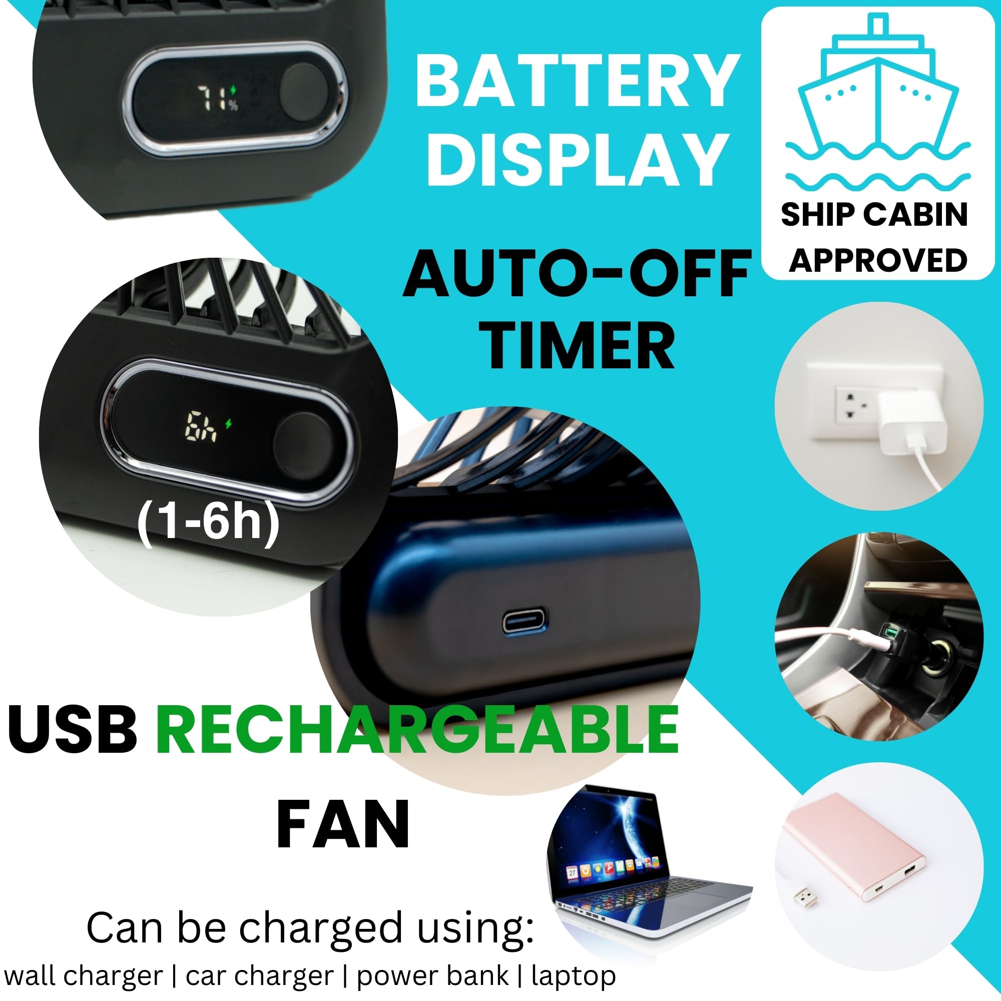Cruise Fan Cabin Approved - Magnetic Hook Included To Hang On Walls - Portable Usb Rechargeable