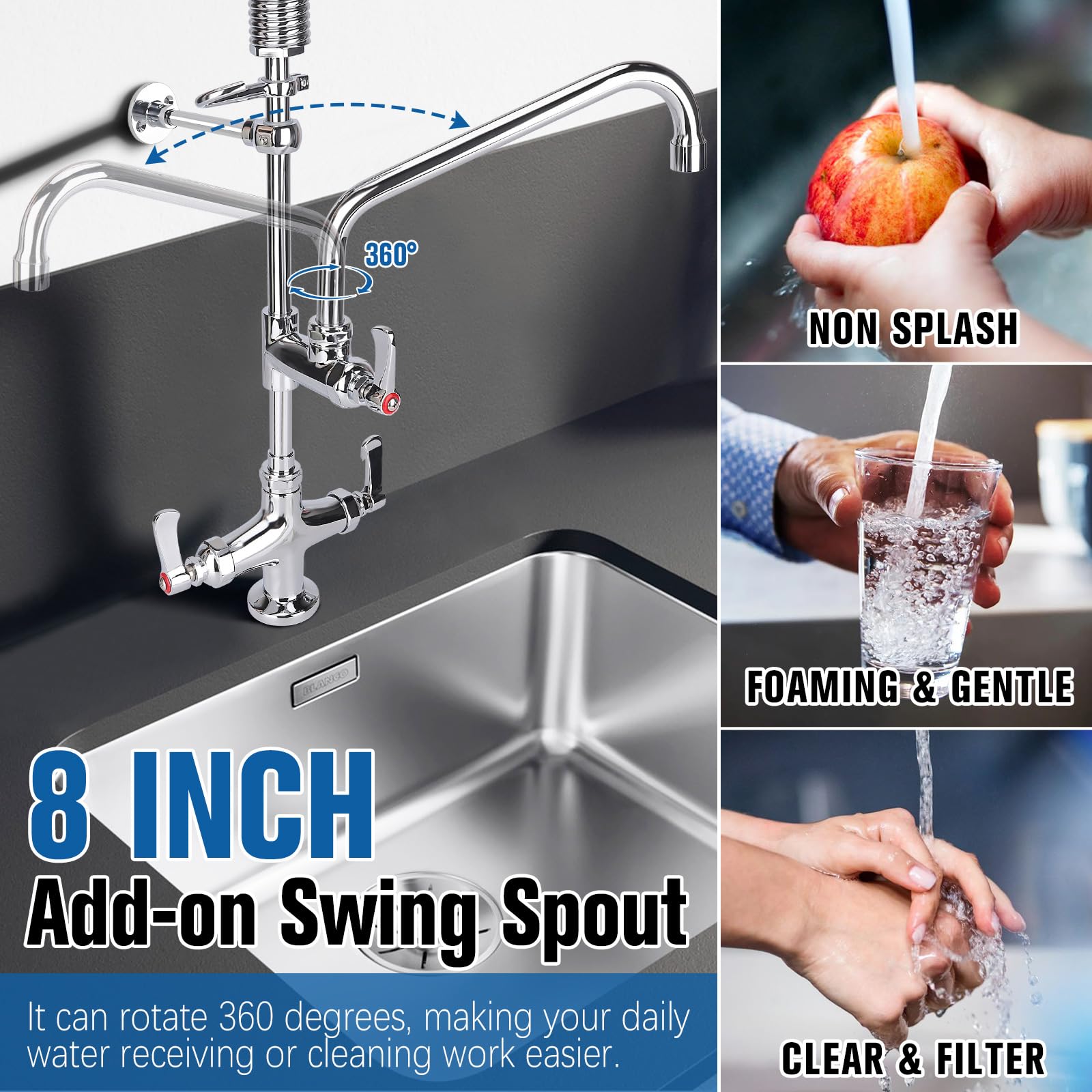 Bzimak 21" Height Commercial Sink Faucet Deck Mount With Pre-Rinse Sprayer, Commercial Kitchen Faucet With 8" Add-On Swing Spout Faucet & Spring Pull Down Sprayer, 8" Adjustable Center Kitchen Faucet