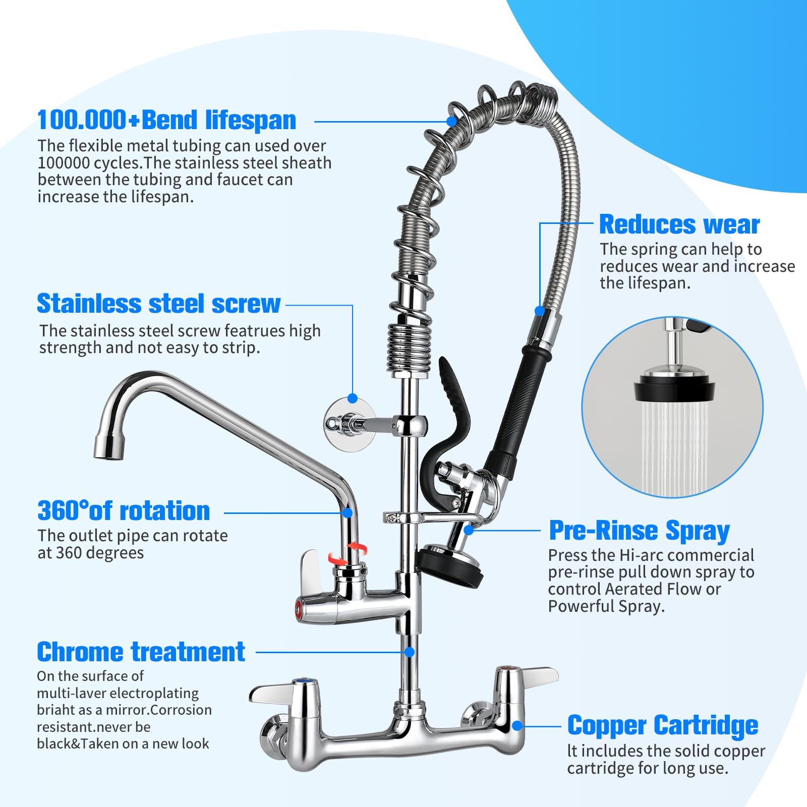 Aplwy Commercial Kitchen Faucet Wall Mount With Pre-Rinse Sprayer 26" Height 8 Inch Center Wall Mount Kitchen Sink Faucet With Pull Down Spray And 12" Add-On Spout