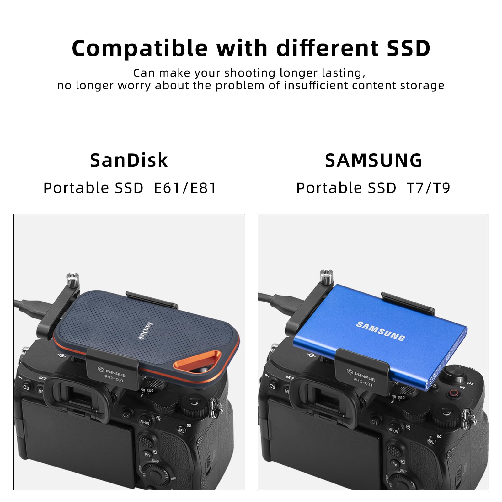 Fanaue Ssd Mount Bracket Ssd Holder With Cold Shoe Cable Clamp, 1.5"-2.1" For Samsung T5 T7 Ssd Sandisk Compatible With Bmpcc 4K /6K /6K Pro Camera Cage
