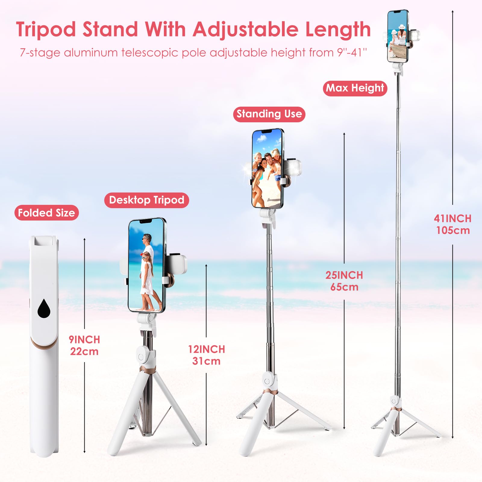 Mqouny Selfie Stick With Fill Light,Extendable Selfie Stick Rugged Tripod With Wireless Remote Compatible With Iphone 14 13 12 11 Pro Xs Max Xr X 8 7 6 Plus, Android Samsung Smartphone (White)