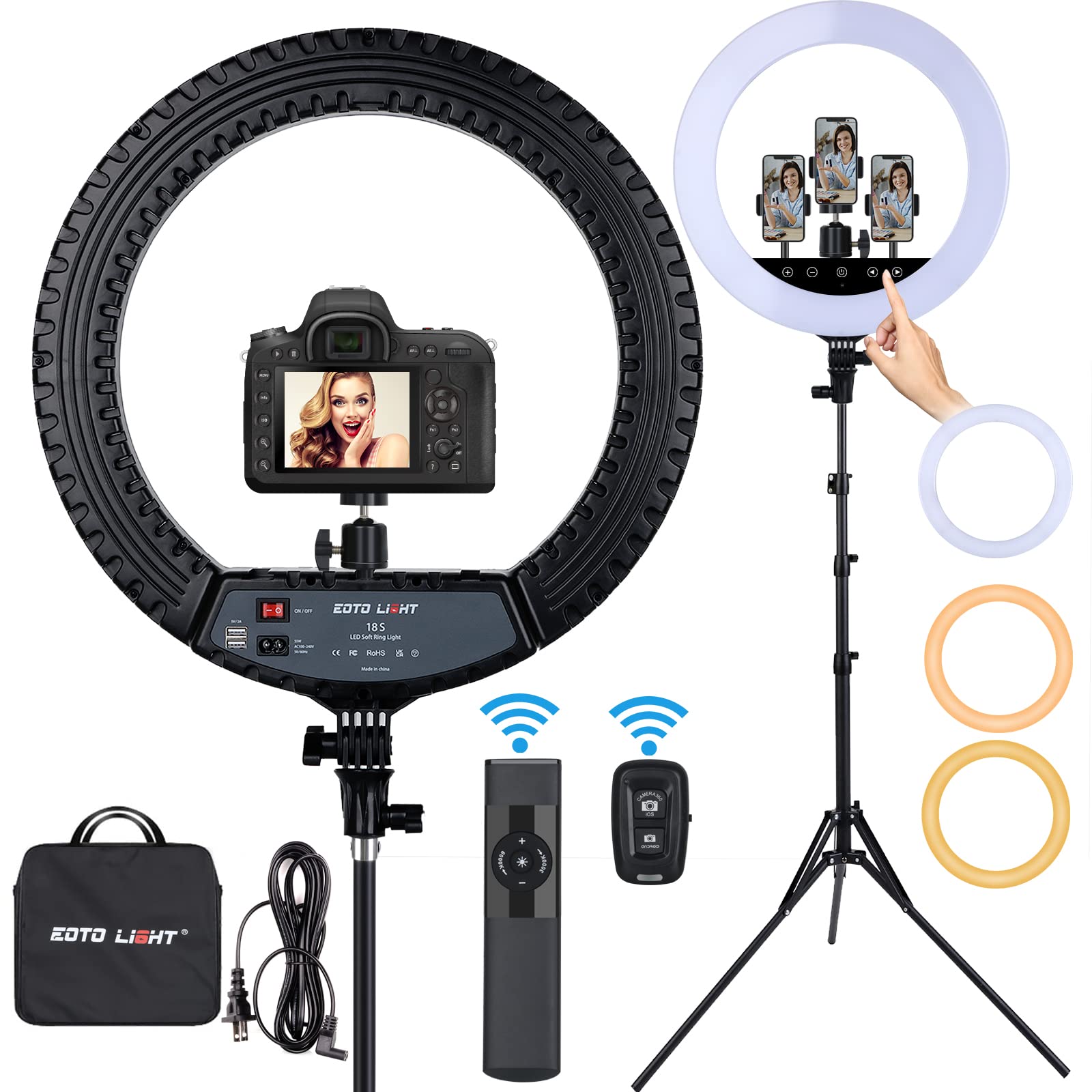 Eoto Light 18 Inch Led Ring Light With Tripod Stand, Selfie Ring Light With Touch Panel For Makeup Studio Portrait Youtube Vlog Video Shooting With Carrying Bag And Remote Controller, Cri90