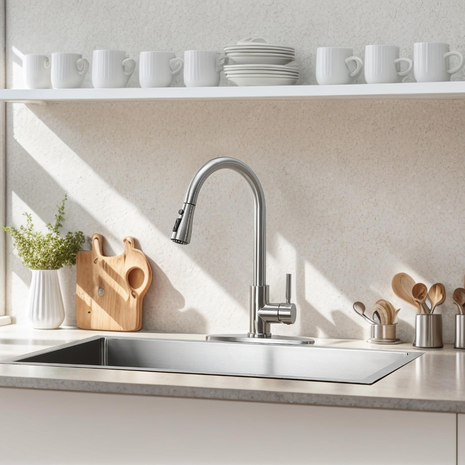 Kingo Home Kingo Kitchen Faucet, Brushed Nickel Kitchen Faucets With Pull Down Sprayer, High Arc Single Handle Stainless Steel Sink Faucets 1 Or 3 Hole, Kitchen Sink Faucets For Farmhouse Camper Laundry Rv Bar