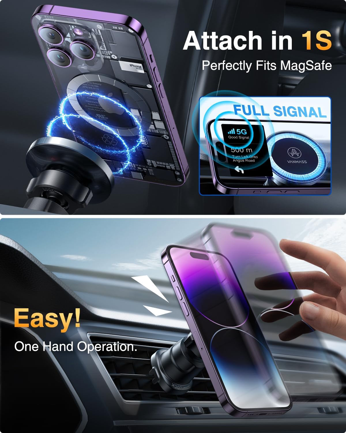 Vanmass For Magsafe Car Mount【  Top Magnet & Clip Hook】Magnetic Cell Phone Holder For Vent, Universal Cellphone Stand Truck Cradle Accessories For Iphone 16 15 14 13 12 11 Android Samsung