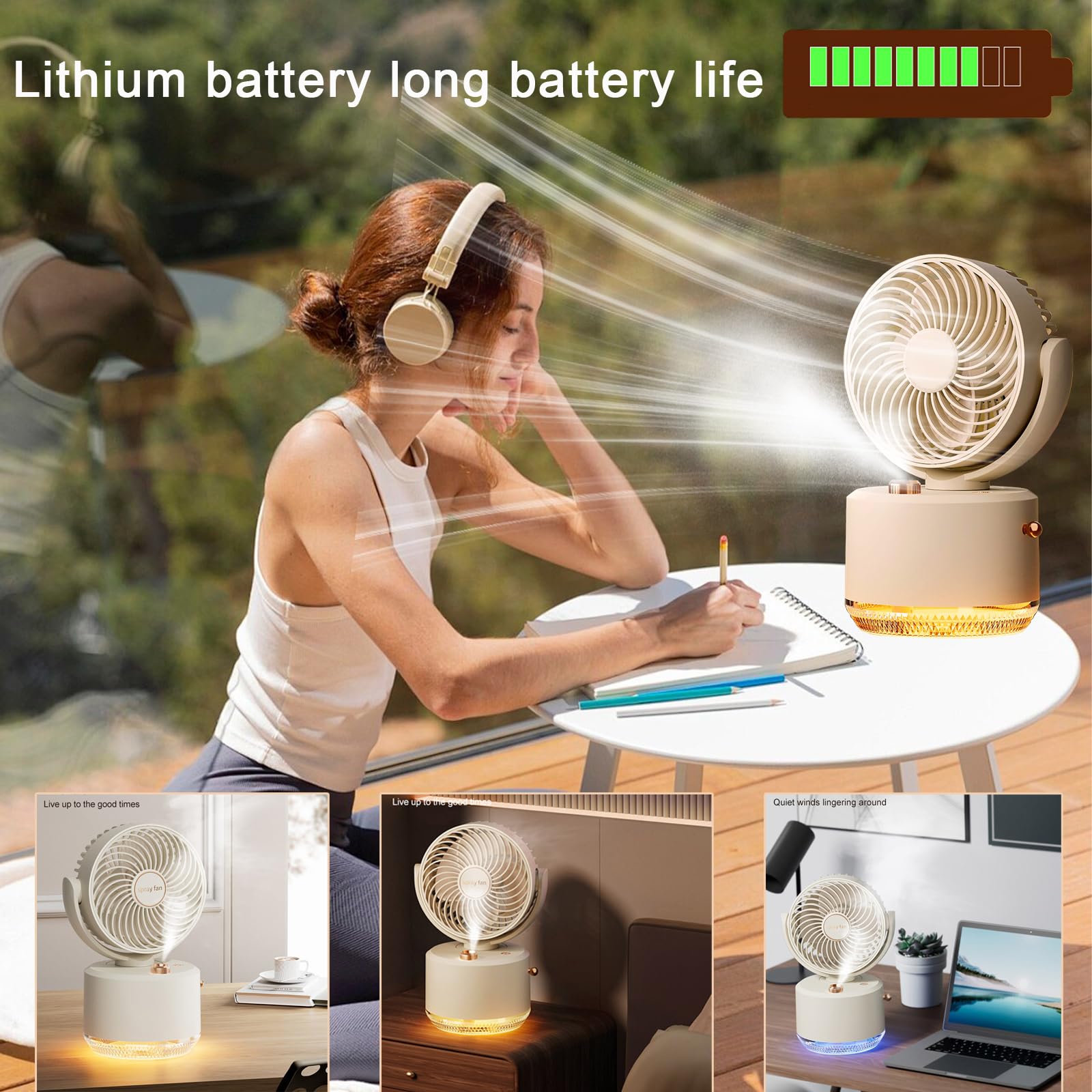 Misting Fan With 300Ml Water Tank, Battery Operated Small Powerful Usb Desk Fan With Led Color Light