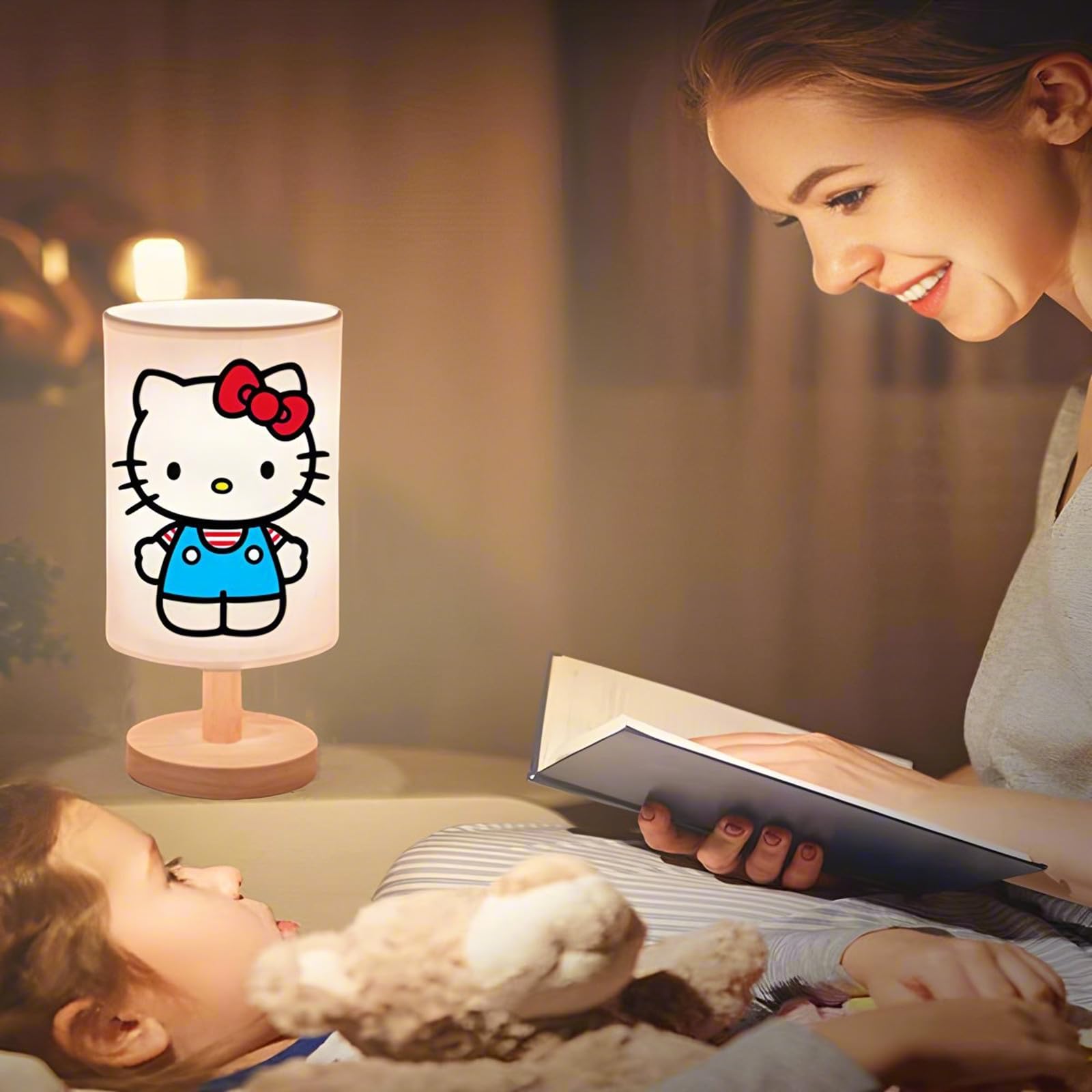 Dai-Congyue Kitty Bedside Table Lamp For Bedroom,Kitty -3 Colors Nightstand Night Light Lamp With Led Bulb,Wood Base Round Flaxen Fabric Shade Desk Reading Lamp For Kids Room,Holiday For Girls Boys (B)
