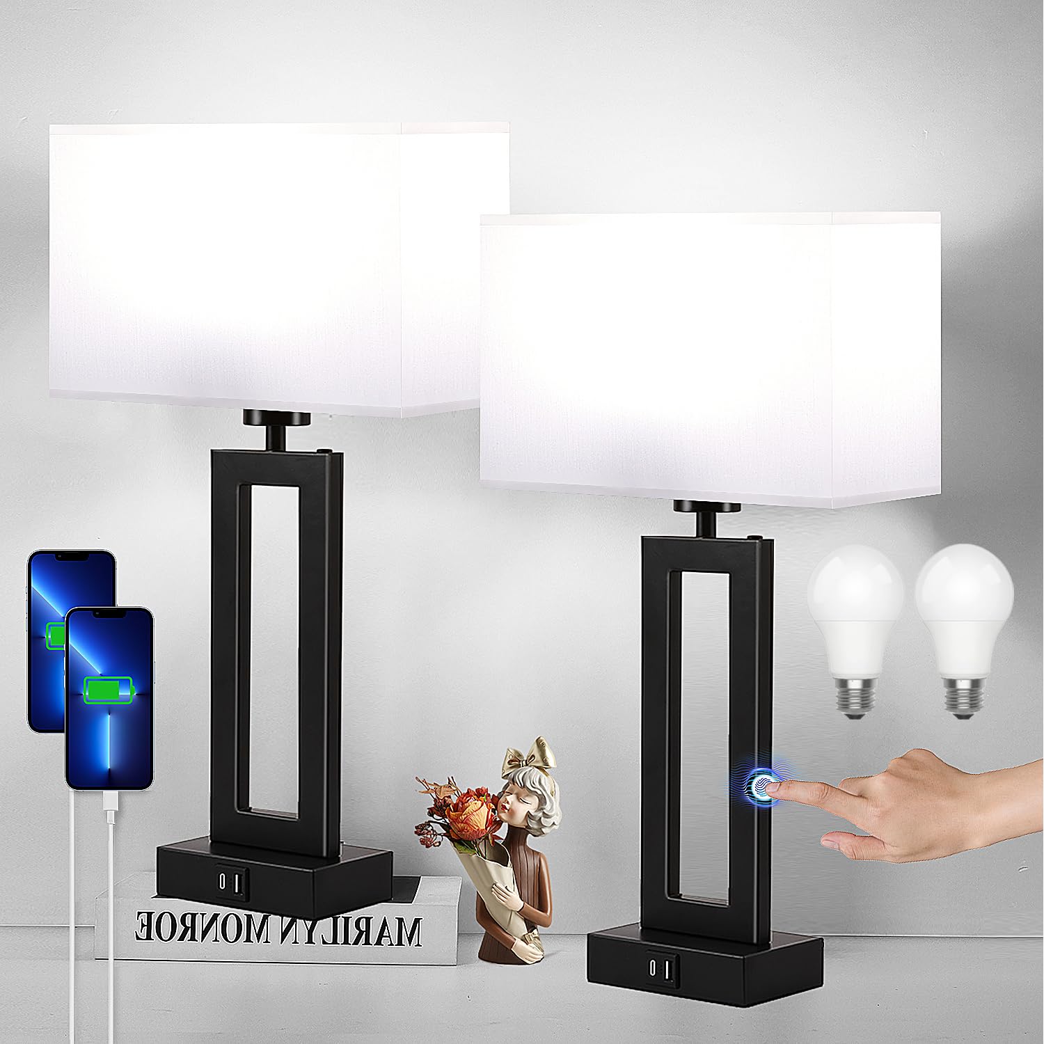 Momyofdy Lamps For Bedrooms - Set Of 2 Modern Table Lamps With Touch Control, 3 Way Dimmable, Usb C&A Charging, White&Black