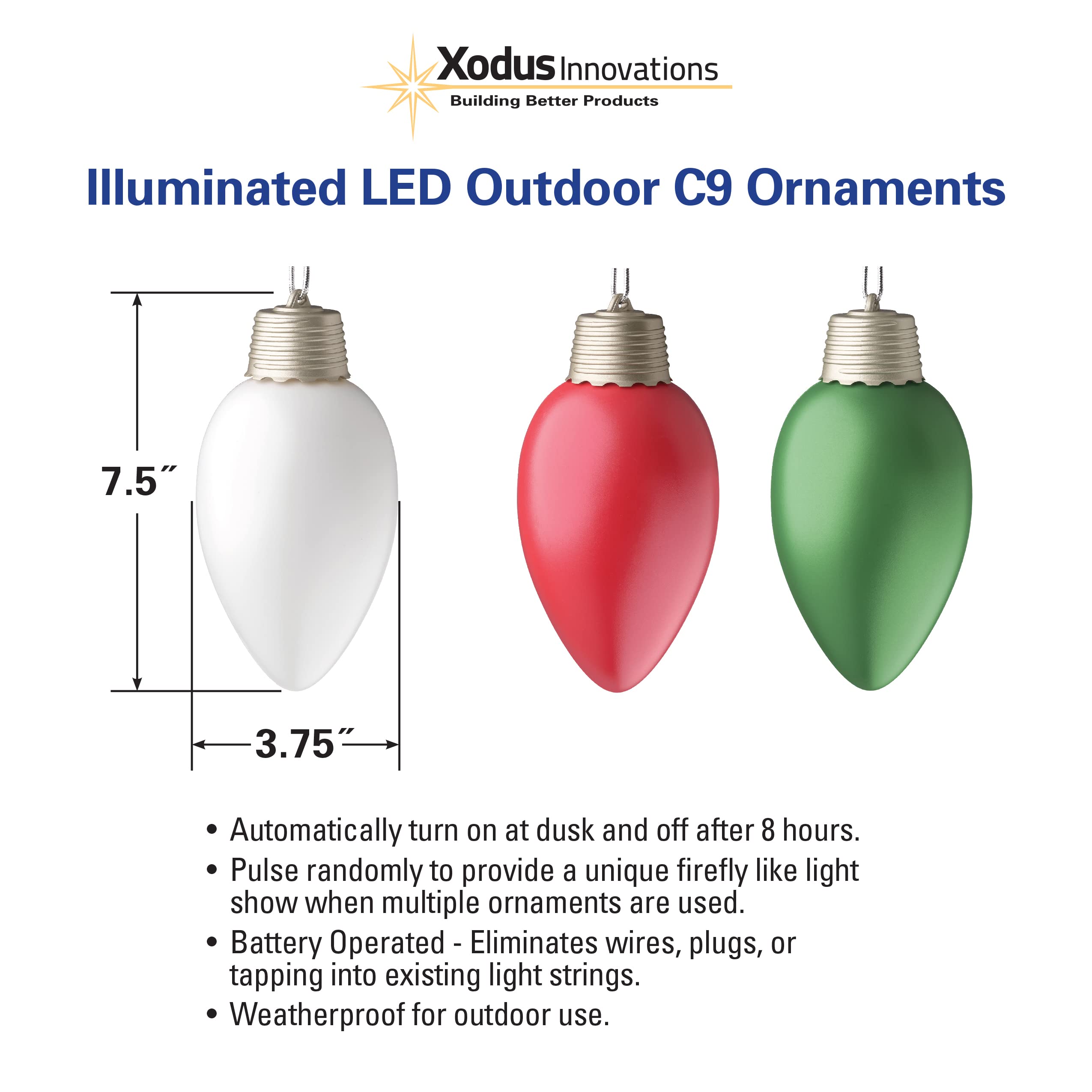 Xodus Innovations Wp960-3 Battery Powered Hanging Decorative Outdoor Pulsing 8 Inch C9 Bulb Style Light With Sensor Turns-On At Dark, Pack Of 3, Green