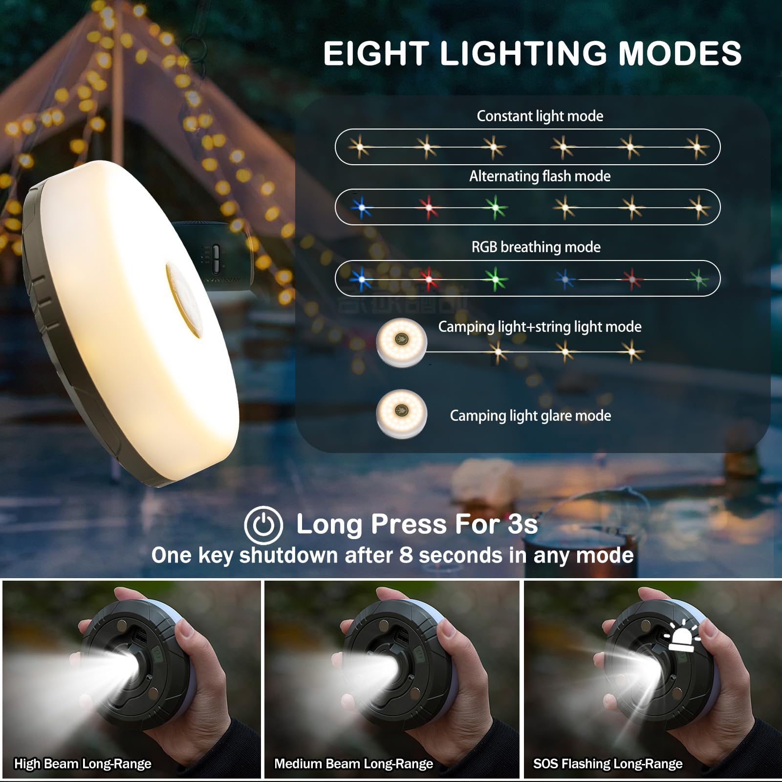 Sutaig Camping String Lights, 4 In 1 Outdoor Camping Lantern With 8 Lighting Modes(32.8Ft), Quick 30S Recovery, Waterproof, Type-C Fast Charging, Portable Camping Lights For Camping/Yard/Hiking
