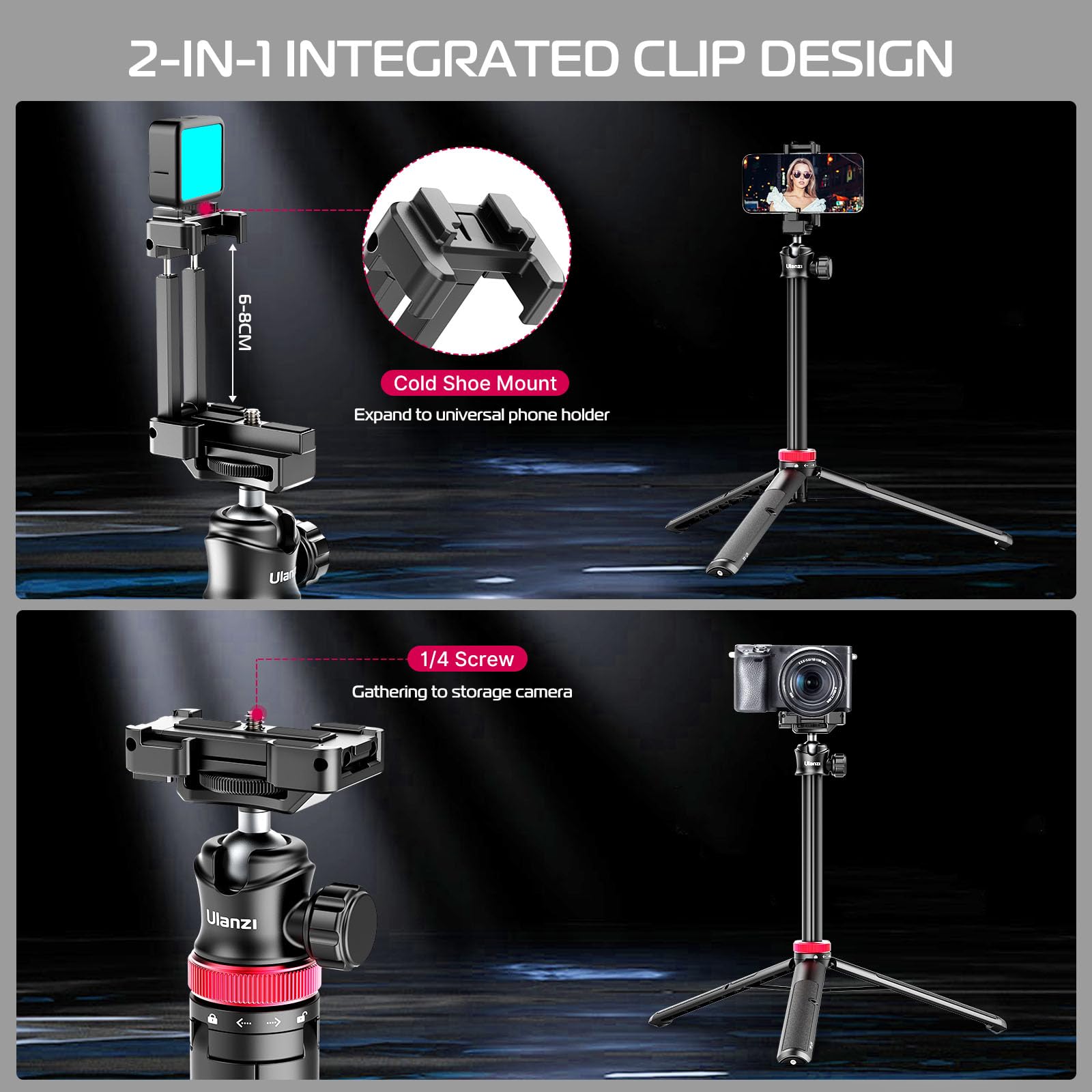 Ulanzi Mt-44 Extendable Phone Tripod, 59" Selfie Stick Vlog Stand With 2 In 1 Phone Clip, 360° Ball Head Camera-Tripod For Iphone Sony Canon Action Camera, Lightweight For Travel