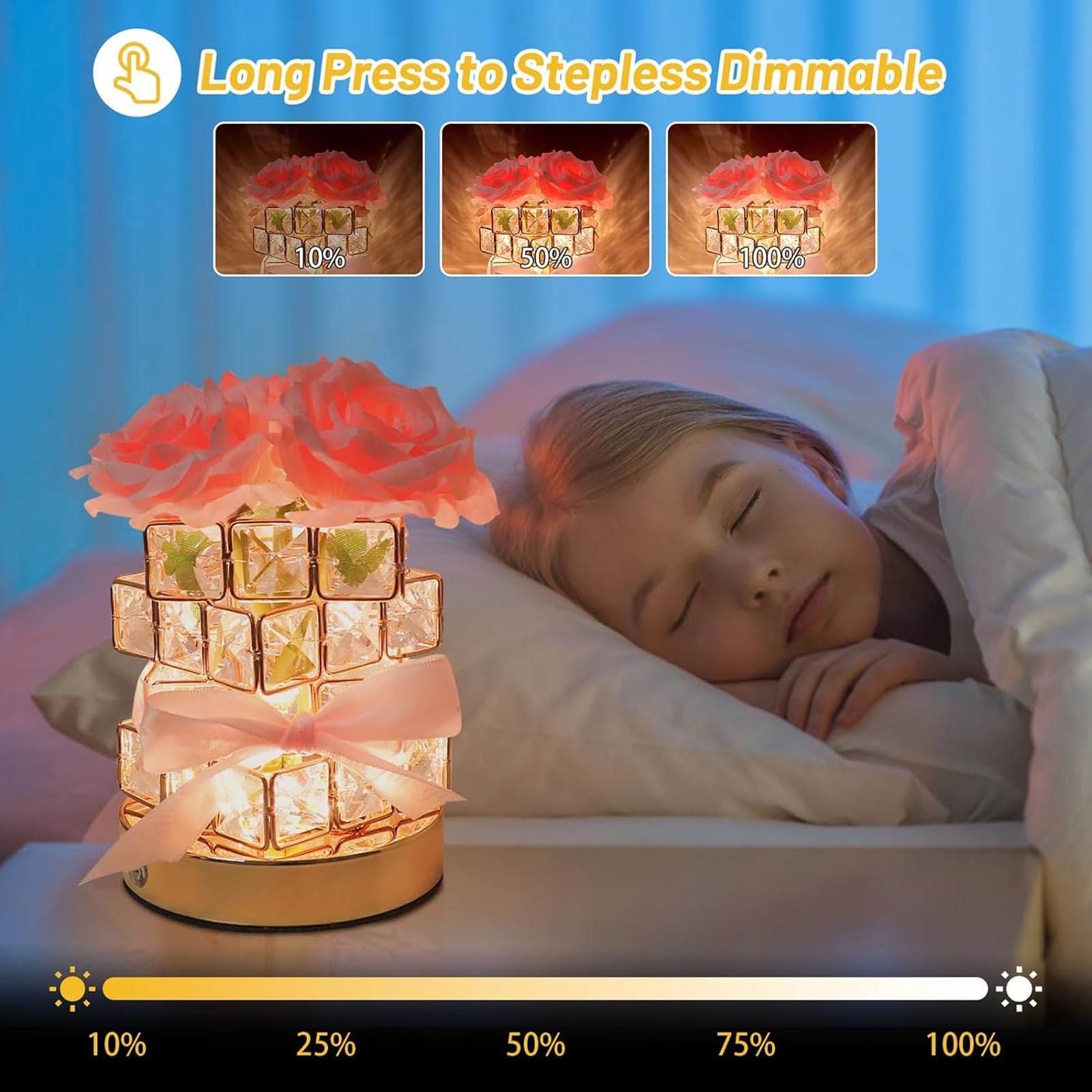 Asixxsix Rose Flower Lamp, 3 Colors Dimmable Rose Table Lamp Rechargeable Touch Control Roses Crystal Table Lamp, Cordless Roses Light, Cordless Touch Lamp For Valentine Birthday, Home
