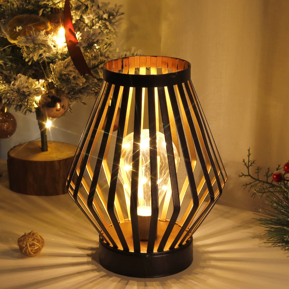 Jhy Design 8.5“H Metal Cage Led Lantern Battery Powered Cordless Accent Light With Led Edison Style Bulb Great For Weddings Parties Patio Events For Indoors Outdoors