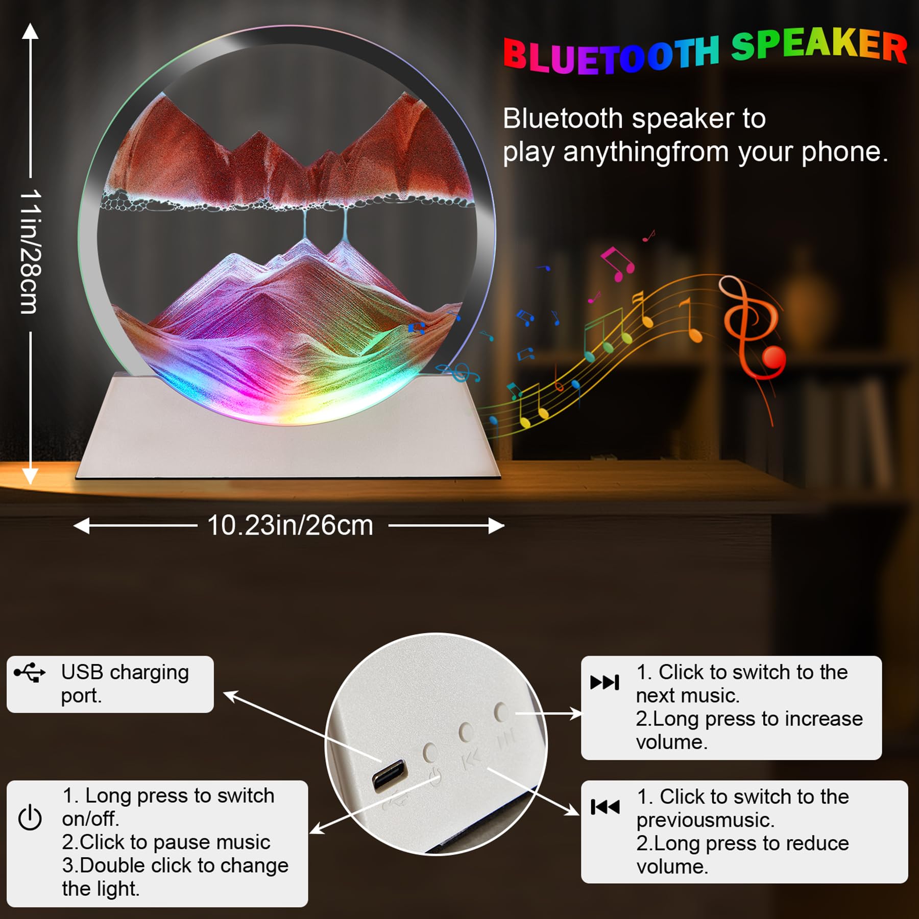 Kokbnr Moving Sand Art Bluetooth Speaker Bedside Lamp,Music Sync Color Changing Rgb Led Lights,Dimmable Multi-Color Changing Table Lamp Sand Art Lamp For Home Decor Relaxation/Party/Music/-(Yellow)
