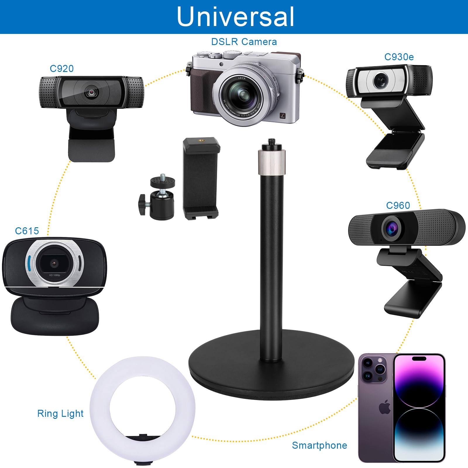 Mippko Webcam Camera Stand Phone Holder For Desk,1/4"-20 Threaded Compatible With Logitech Webcam C920 / C920S / C920X / C922 / C922X / C925E / C930 / C930E / C615 / C960,Dslr Camera/Smartphone
