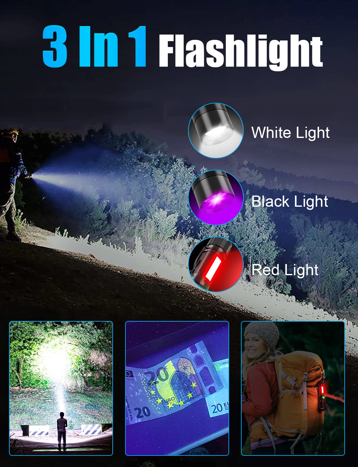 Vnina Uv Rechargeable Flashlights Tactical,1000 High Lumens 3 In 1 Led Black Light Flashlight -Magnetic Base/Sidelight/Zoomable, Bright Pocket Flash Light For Stains Detection Camping Emergency,2Pcs