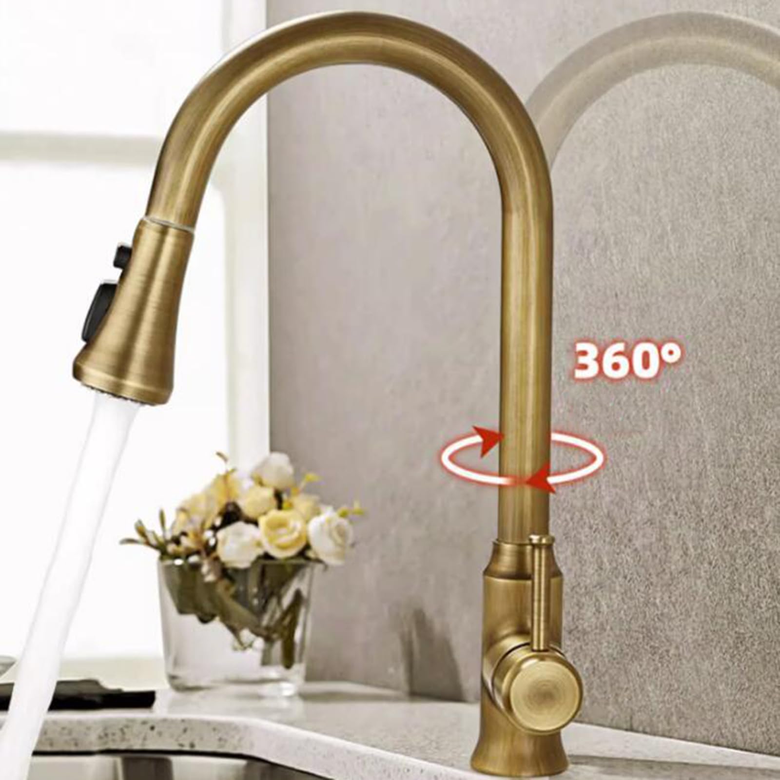 Qqamognnk Kitchen Faucets With Pull Out Spray, Antique Brass 3 Modes 360° Rotation Pull Out Kitchen Mixer Faucet-Antique