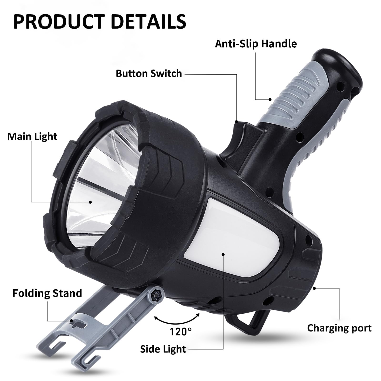 Crazybrace Rechargeable Spotlight Flashlight, 1000,000 Lumen Super Bright Led Spotlight With 6 Modes & Foldable Tripod, Powerful Spot Light 20H Long Runtime, Handheld Spot Light For Outdoor Boating Hunting