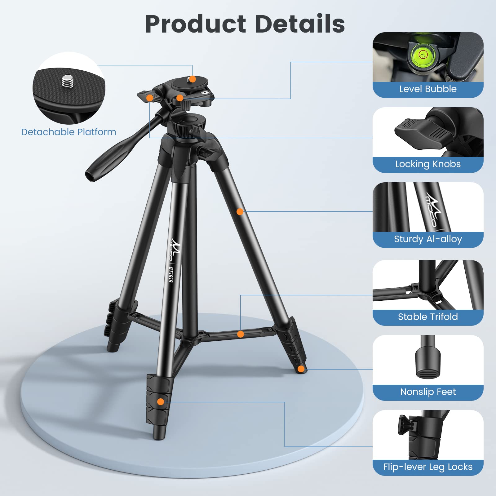 Moko 60" Camera Tripod For Canon Nikon, Lightweight Aluminum Dslr Camera Stand Holder With Carrying Bag, Universal Phone Tablet Mount And Wireless Remote, Max Load 6.61 Lbs, Black